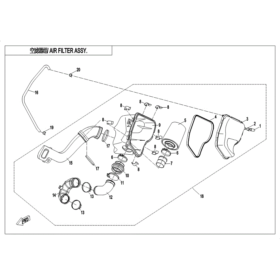 An Image of a Genuine CFMOTO Parts Schematic Diagram showing the schematic - AIR FILTER ASSY - 2019 CFMOTO ZFORCE 500