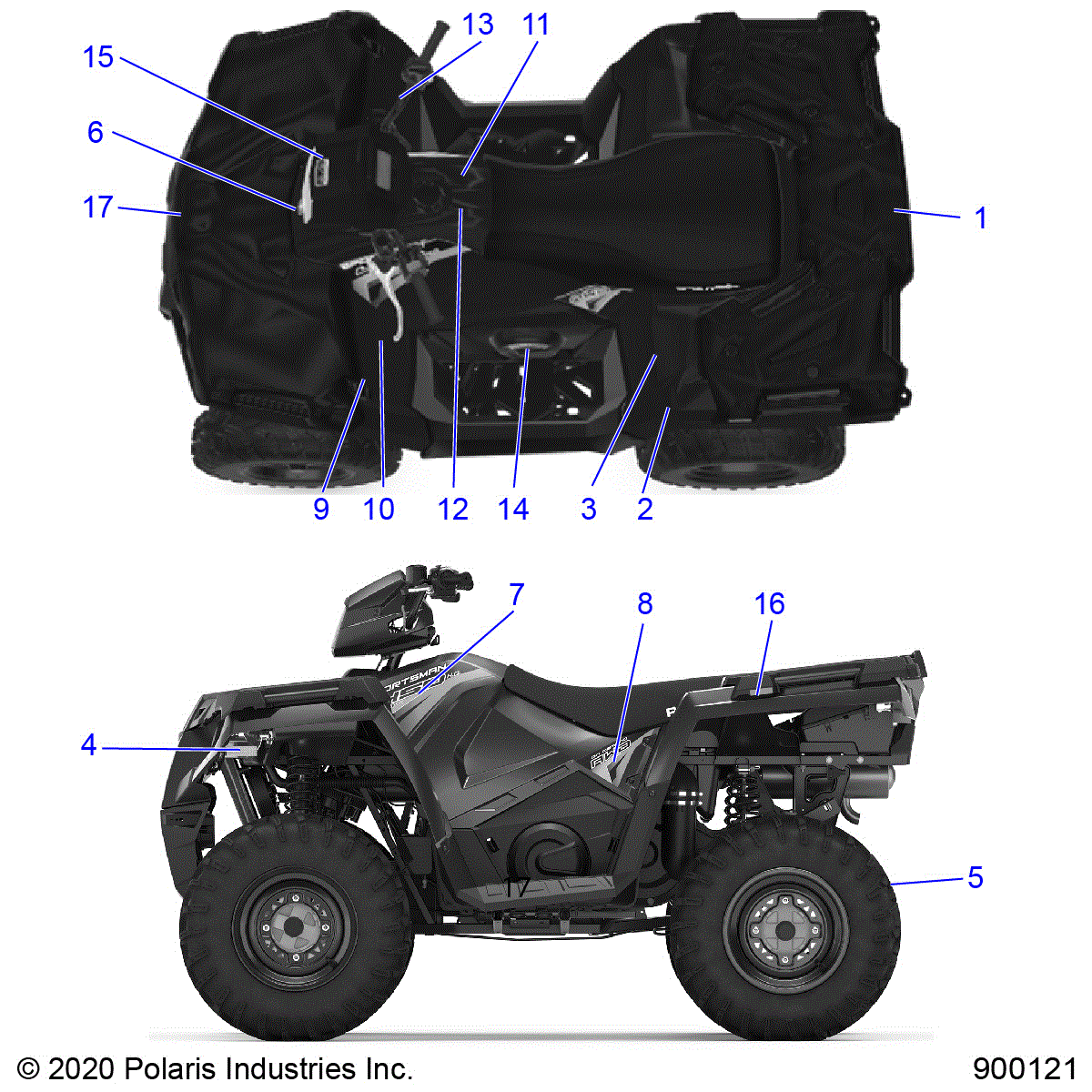 An Image of a Genuine Polaris Parts Schematic Diagram showing the schematic - BODY: DECALS - 2020 POLARIS SPORTSMAN 450 HO EPS