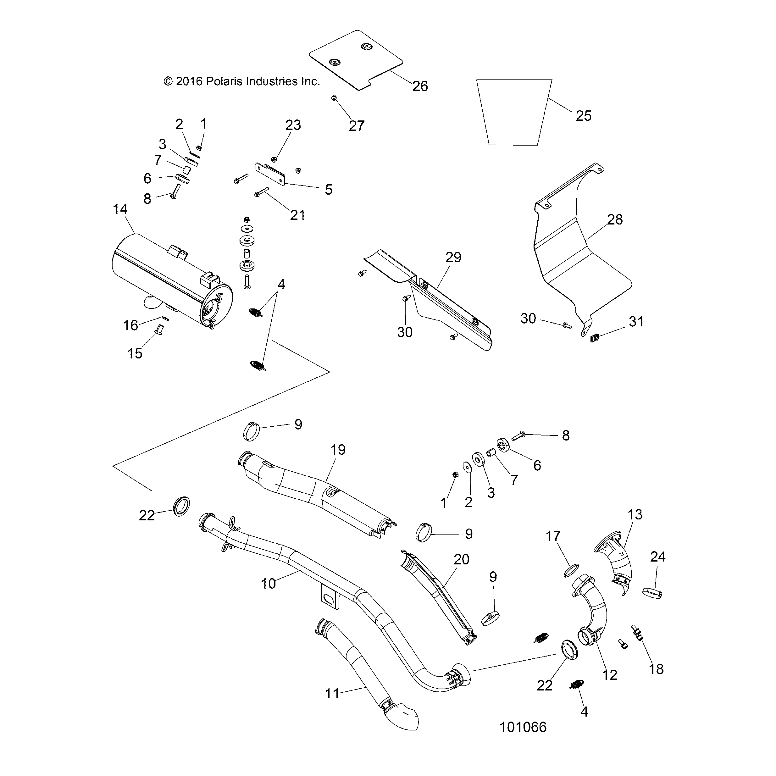 An Image of a Genuine Polaris Parts Schematic Diagram showing the schematic - ENGINE: EXHAUST - 2017 POLARIS SPORTSMAN 570 6X6