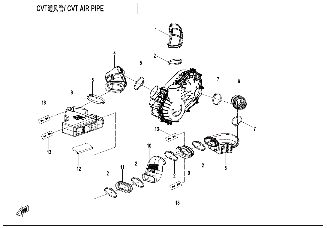 Exploded diagram with English and Chinese labels shows numbered parts like main housing, pipes, connectors, and clamps. Find CF Moto OEM parts such as the Top Roof Bracket Seal Sponge for UTV & ATV at Witchdoctors.com.