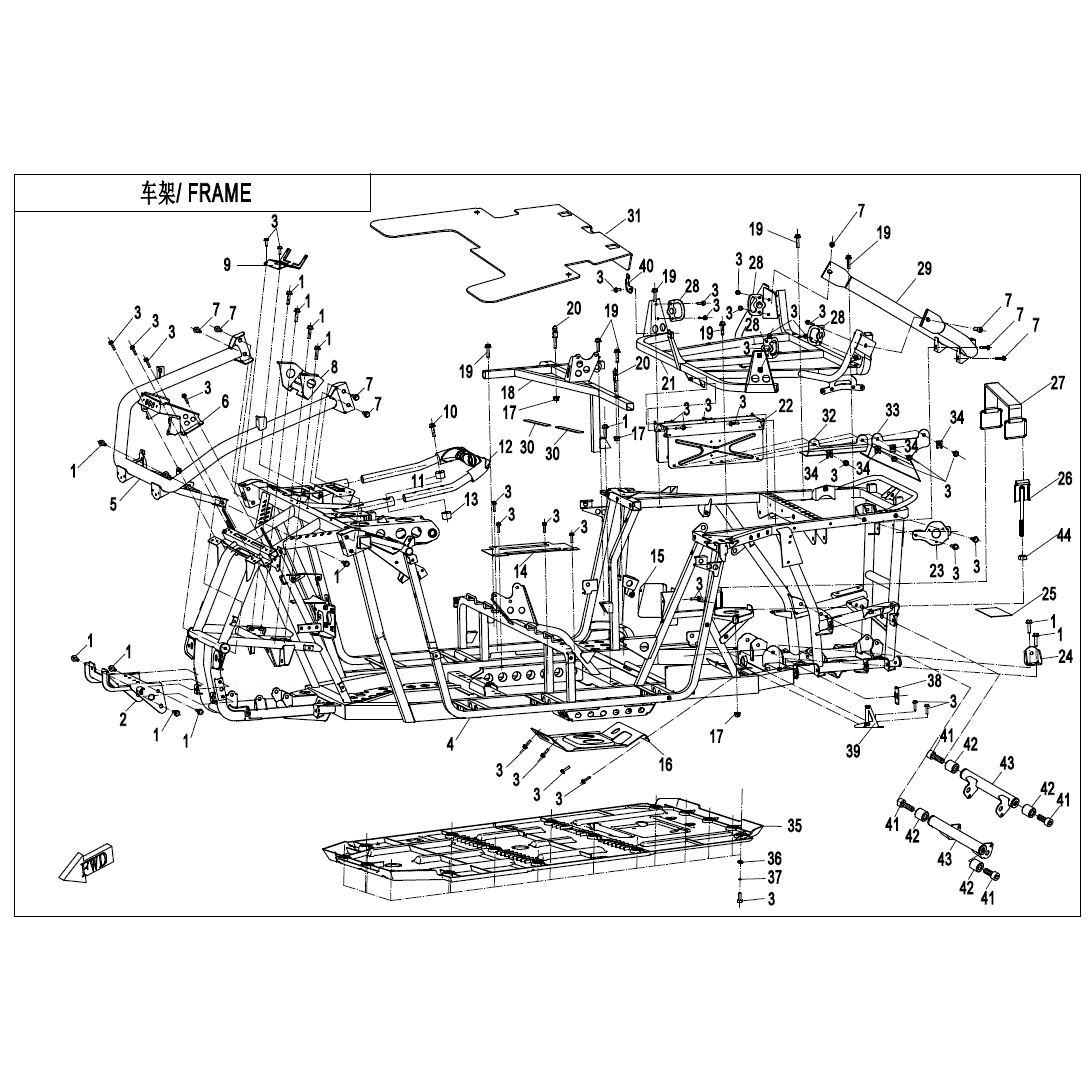 An Image of a Genuine CFMOTO Parts Schematic Diagram showing the schematic - FRAME - 2021 CFMOTO ZFORCE 800 EX