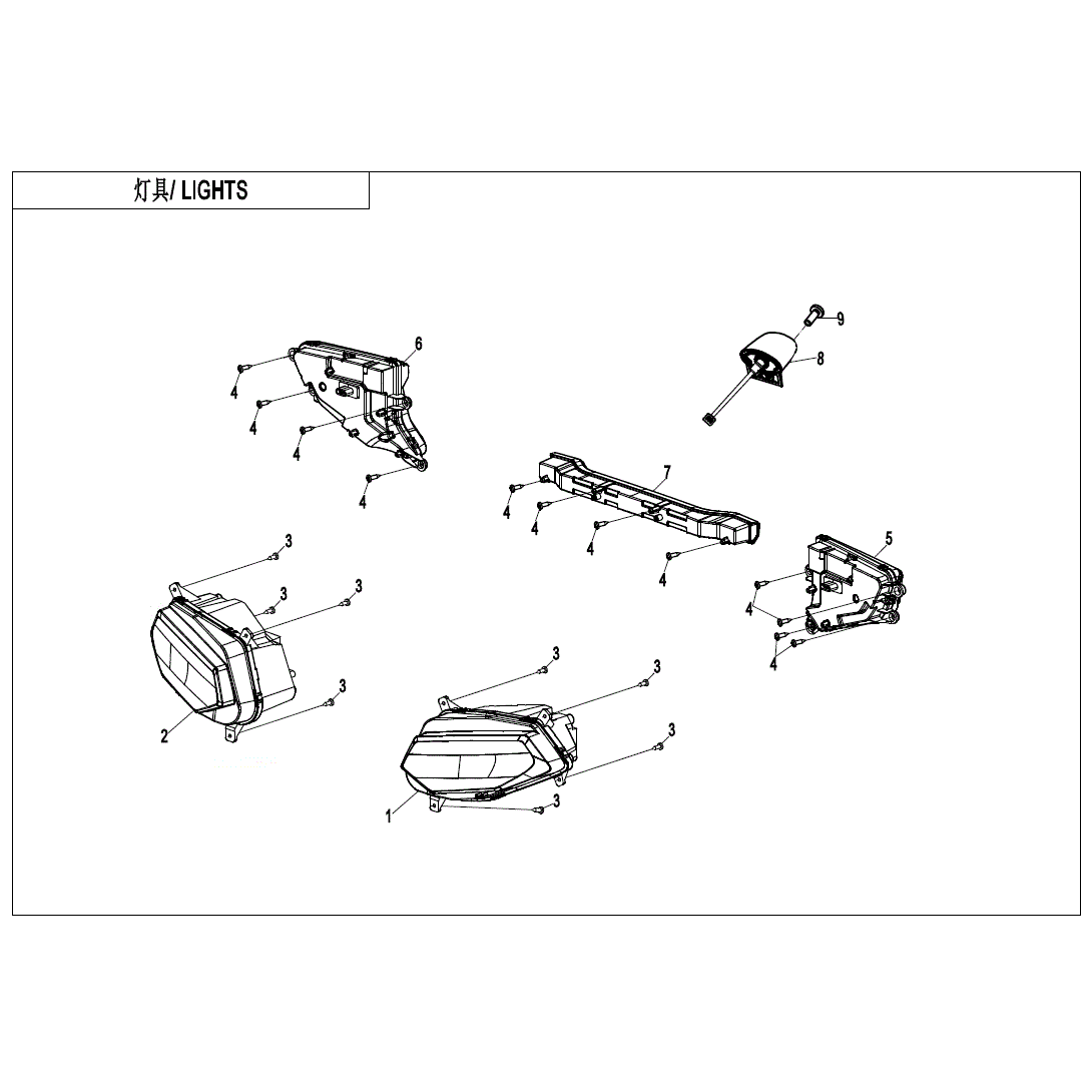 An Image of a genuine CFMOTO Parts Schematic Diagram showing the group - LIGHTS - 2020 CFMOTO CFORCE 600 Touring