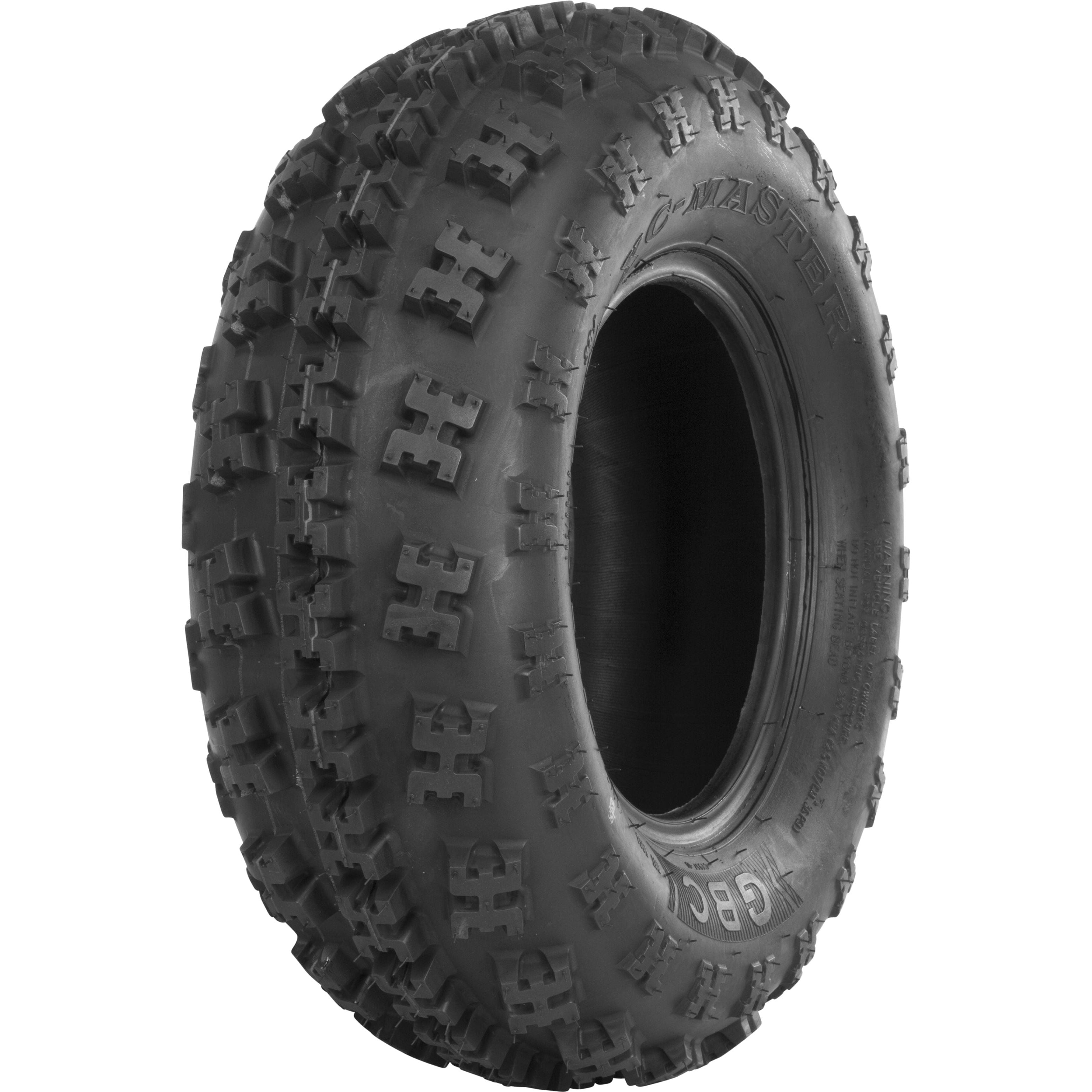 The Tire Xc Master Front 22X7-10 Bias Lr255Lbs by GBC is a rugged, black cross country tire with an X-knob tread and puncture-resistant casing, shown upright against a white background.