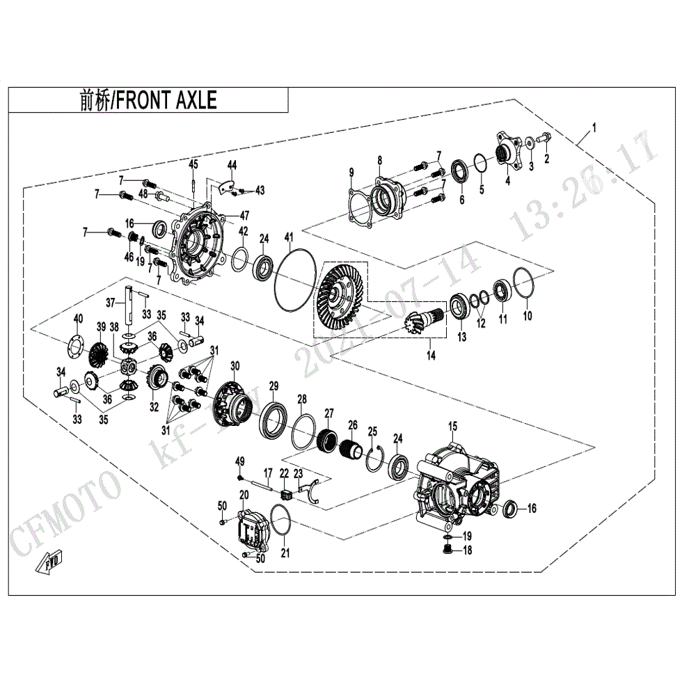 An Image of a Genuine CFMOTO Parts Schematic Diagram showing the schematic - FRONT AXLE - 2022 CFMOTO UFORCE 1000