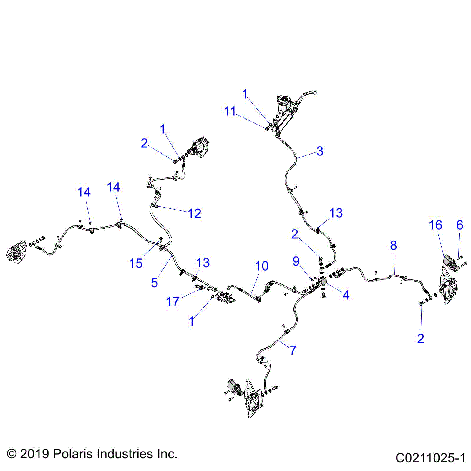 An Image of a Genuine Polaris Parts Schematic Diagram showing the schematic - BRAKES: BRAKE LINES - 2025 POLARIS SCRAMBLER XP 1000 55 LLP 49S