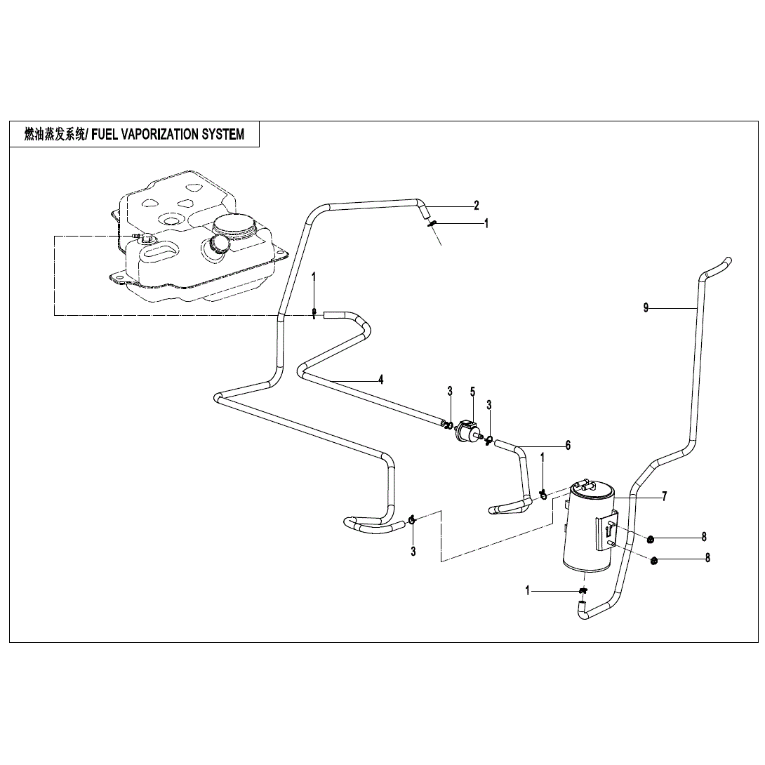An Image of a Genuine CFMOTO Parts Schematic Diagram showing the schematic - FUEL EVAPORATION SYSTEM - 2022 CFMOTO ZFORCE 500