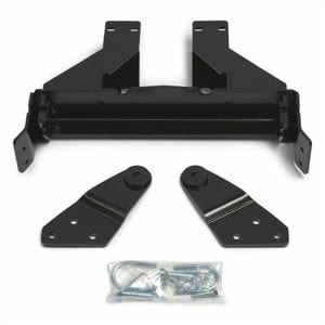 The Arctic Cat Alterra Front Snow Plow Mounting Kit by Warn features black metal brackets with two angled plates and a sealed bag of screws and hardware, all displayed on a white background.