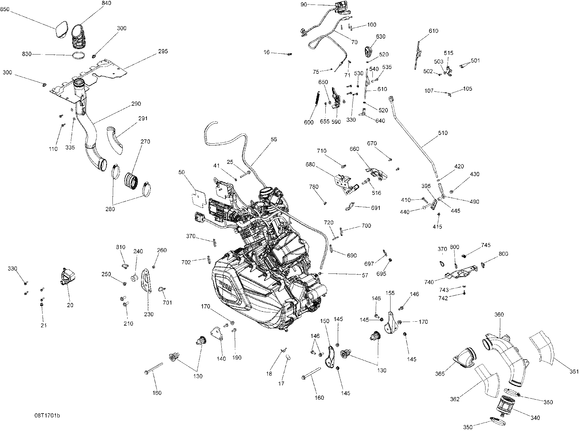 An Image of a Genuine Can-Am Parts Schematic Diagram showing the schematic - ENGINE AND ENGINE SUPPORT - 570 EFI EXCEPT X MR
