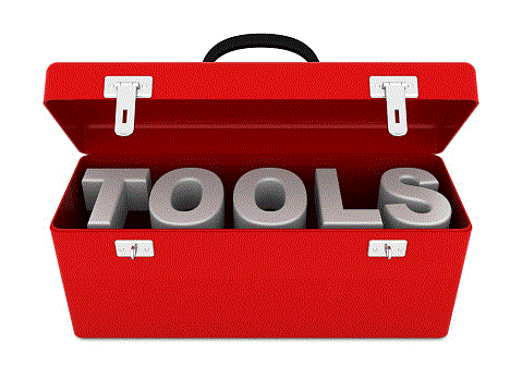 A red toolbox with its lid open reveals large gray 3D letters spelling TOOLS inside—ideal for storing your Valve Spring Compressor Clamp by CF Moto (replaces 0180-022006-922-001) or other ATV off-road parts.