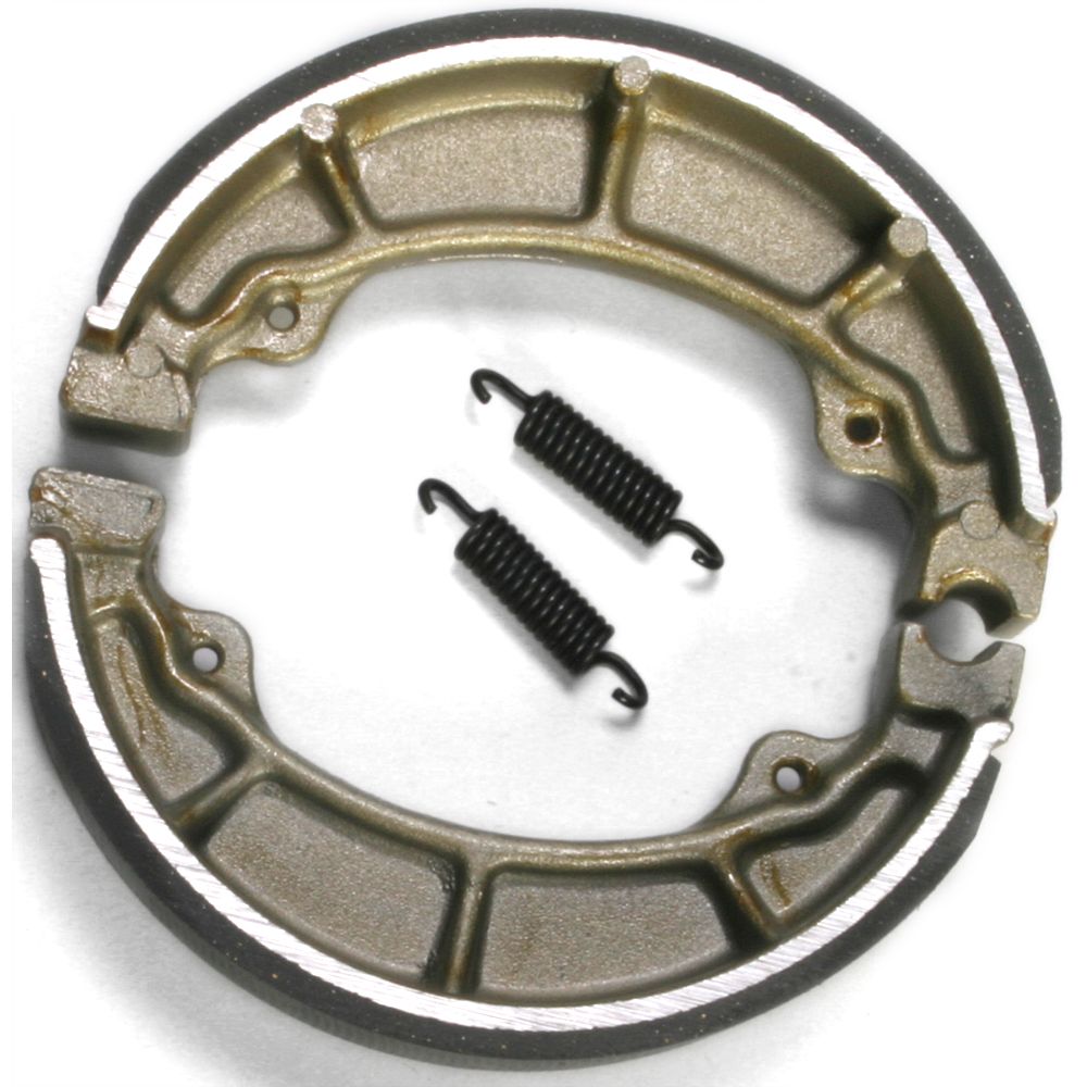 Circular metallic brake shoes with a dark friction lining and two black tension springs positioned inside.