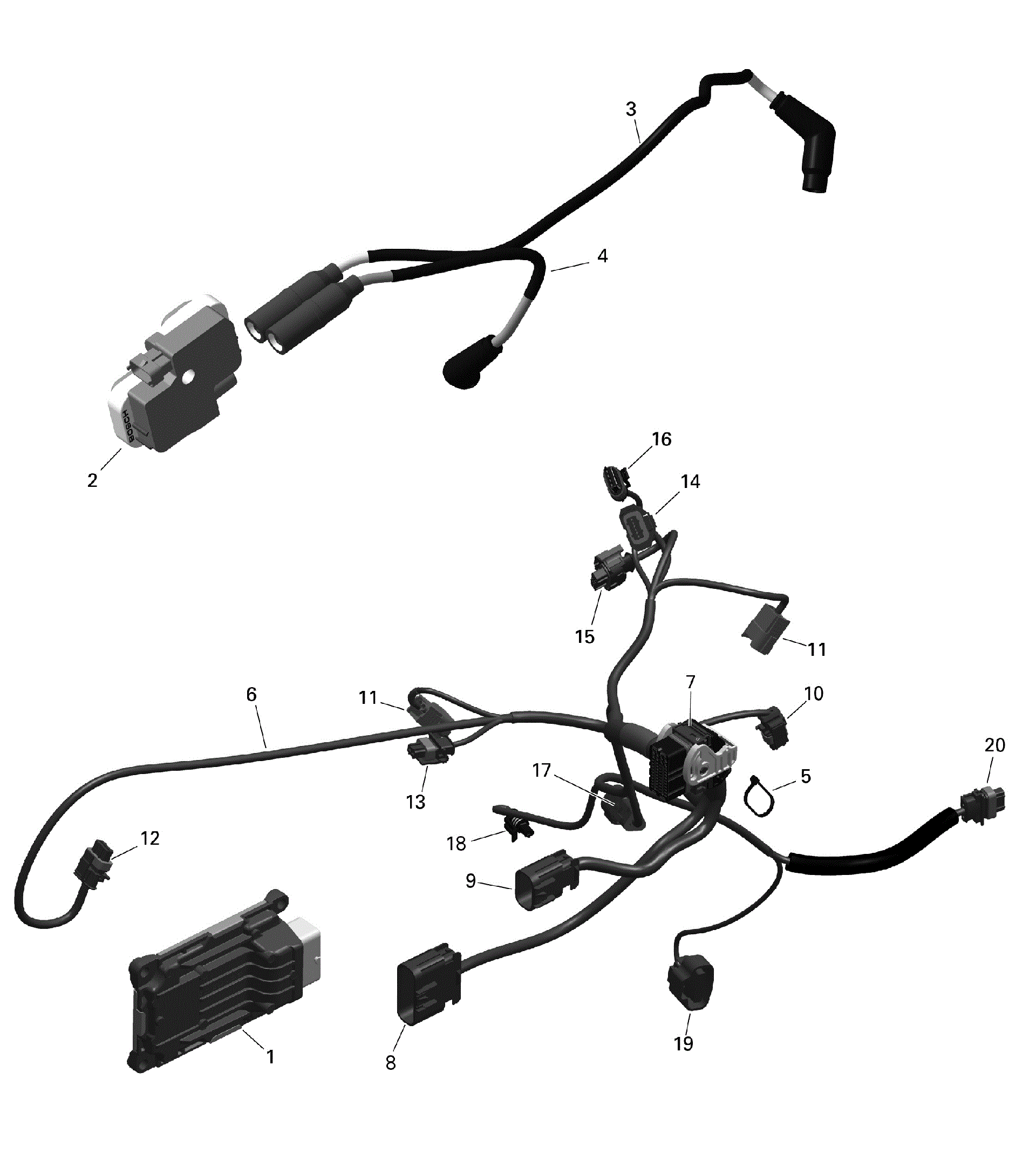 An Image of a Genuine Can-Am Parts Schematic Diagram showing the schematic - ROTAX - ENGINE HARNESS AND ELECTRONIC MODULE