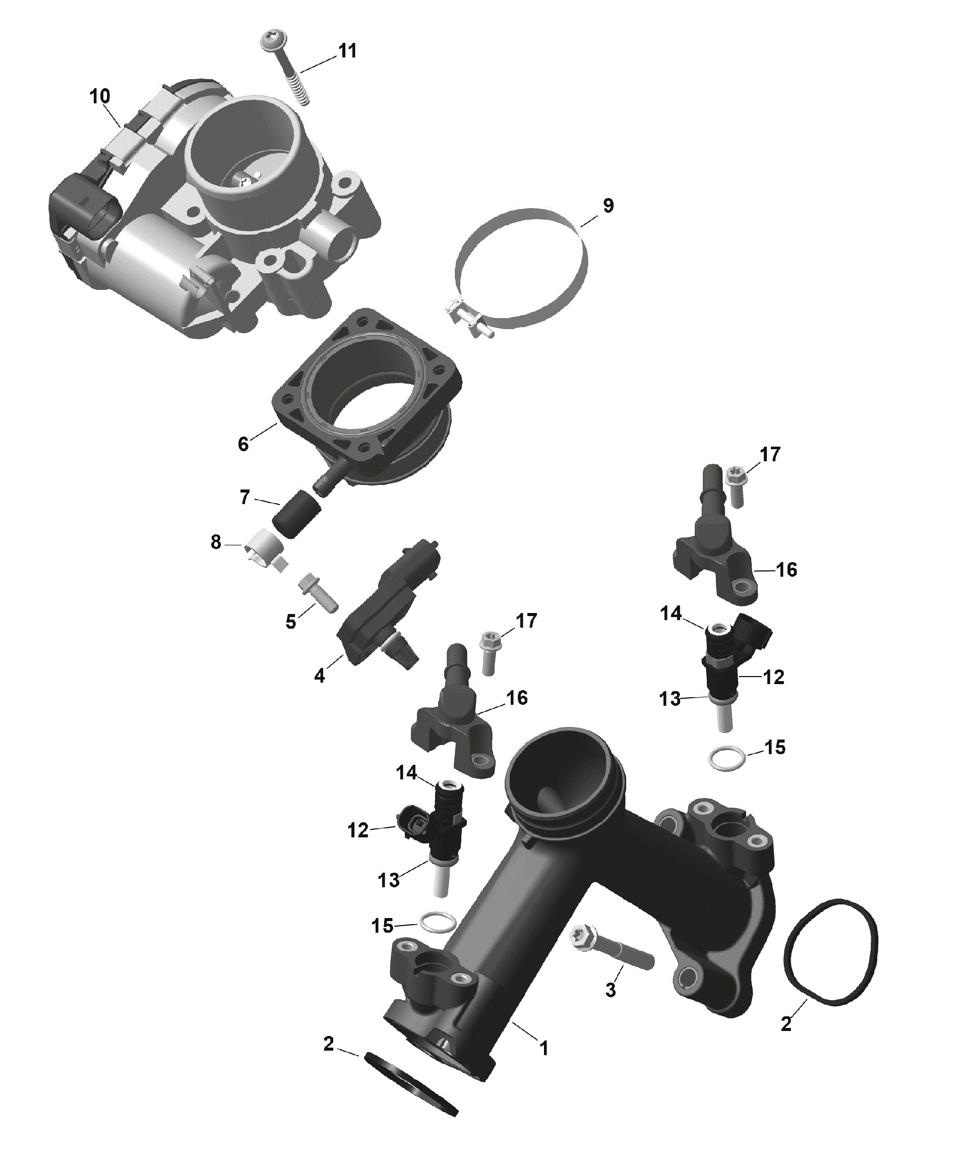 An Image of a Genuine Can-Am Parts Schematic Diagram showing the schematic - ROTAX - AIR INTAKE MANIFOLD AND THROTTLE BODY