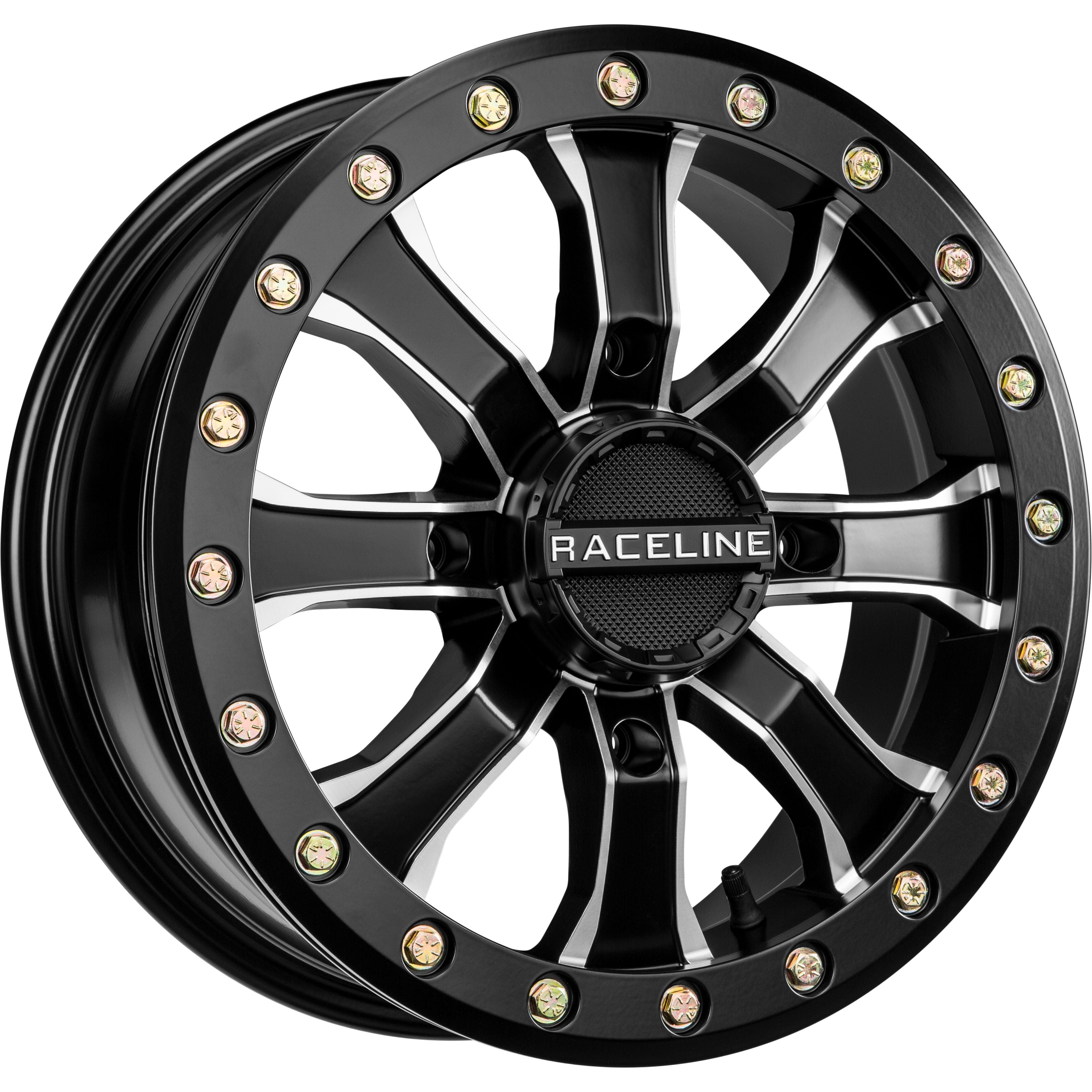 The Raceline ATV / UTV Black Mamba Beadlock Wheel 15X6 4/156 5+1 (+40mm) features a black and machined multi-spoke design with bolt accents around the edge, shown at an angle.