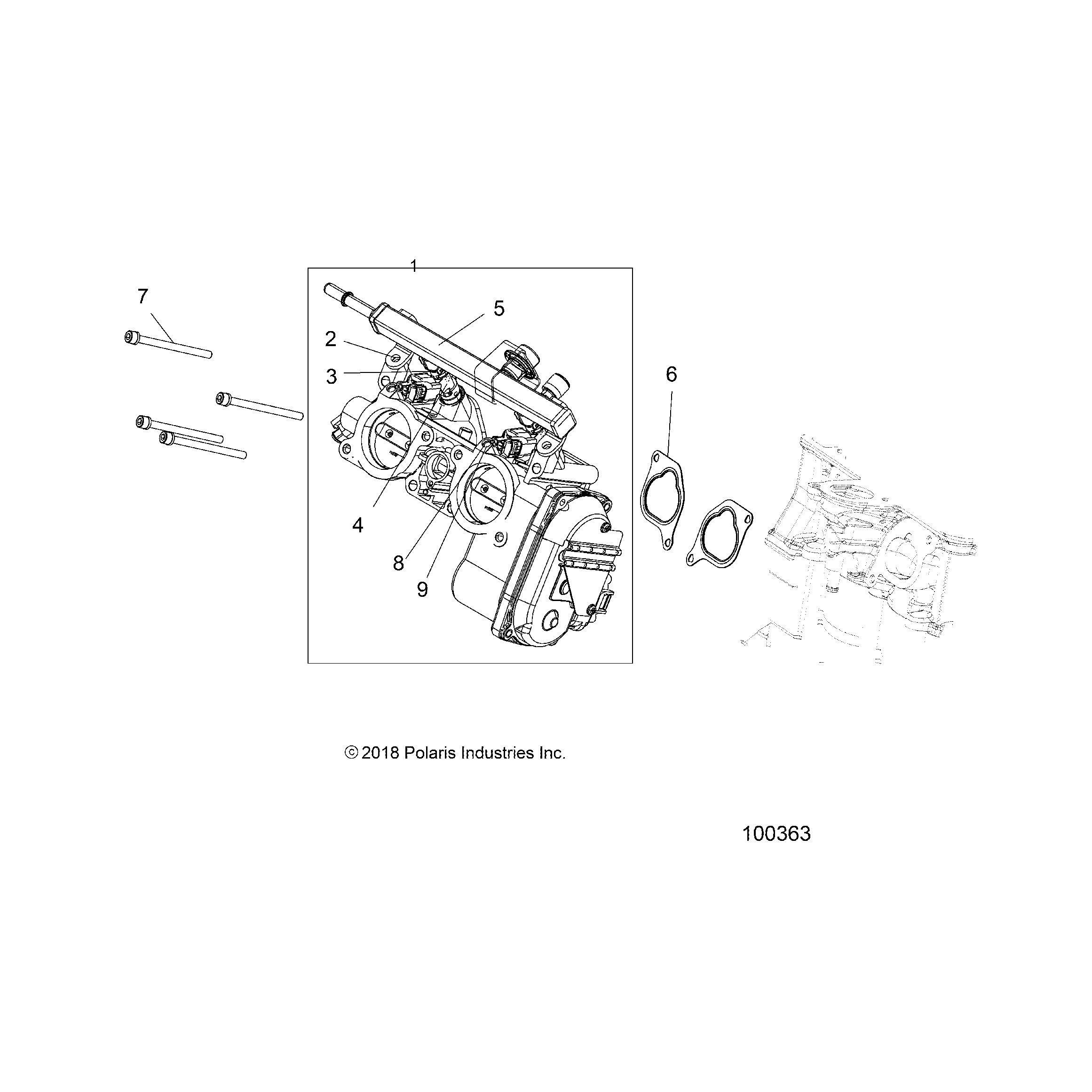 An Image of a Genuine Polaris Parts Schematic Diagram showing the schematic - ENGINE: THROTTLE BODY - 2018 POLARIS SPORTSMAN XP 1000