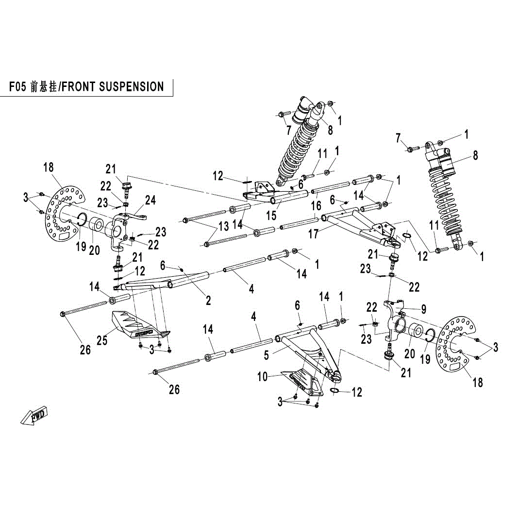 An Image of a Genuine CFMOTO Parts Schematic Diagram showing the schematic - FRONT SUSPENSION - 2017 CFMOTO ZFORCE 800 Trail
