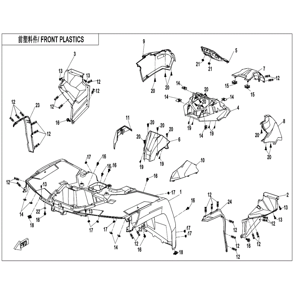 An Image of a genuine CFMOTO Parts Schematic Diagram showing the group - FRONT PLASTICS(2) - 2022 CFMOTO CFORCE 800 XC