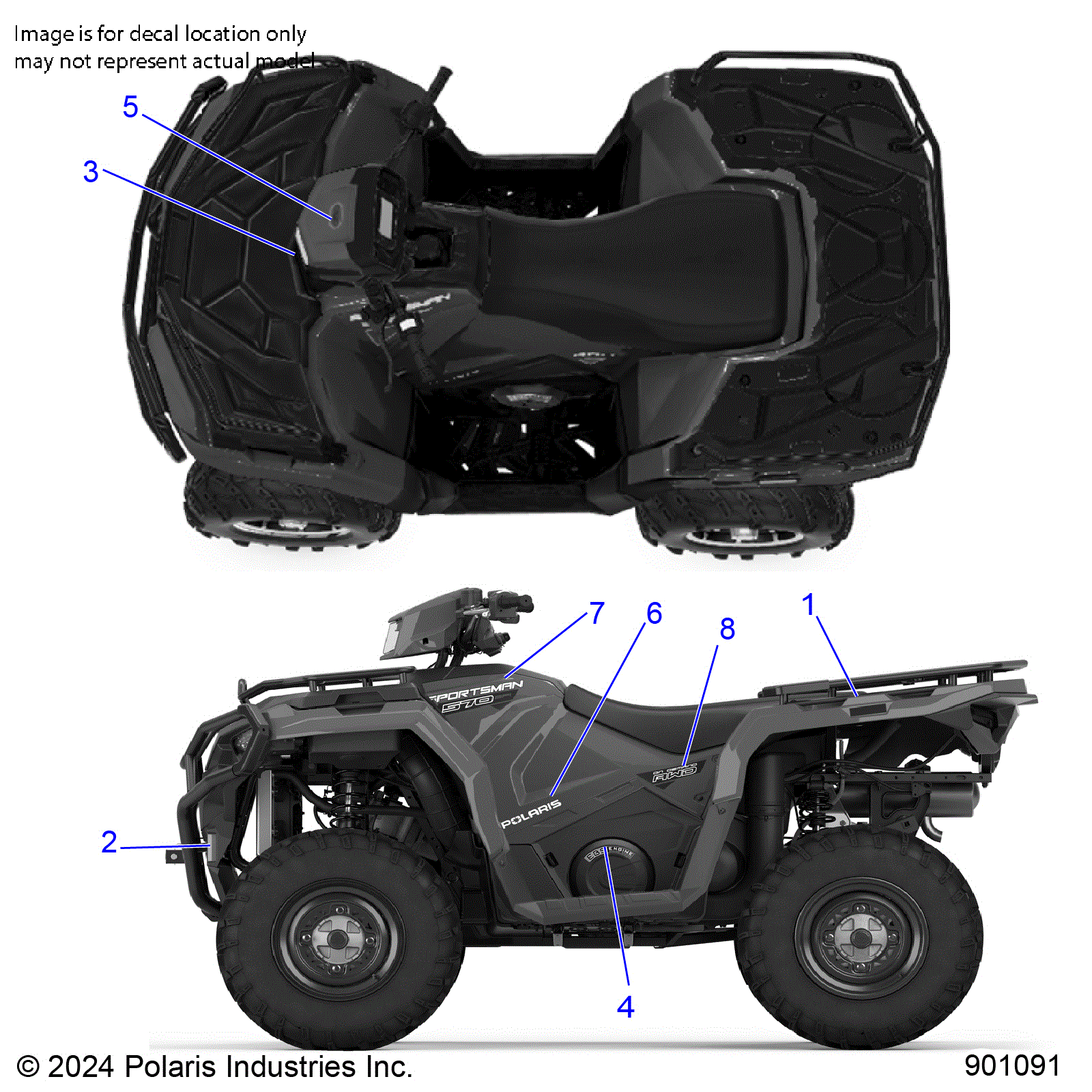 An Image of a Genuine Polaris Parts Schematic Diagram showing the schematic - BODY: DECALS GRAPHIC - 2025 POLARIS SPORTSMAN 570 UTILITY