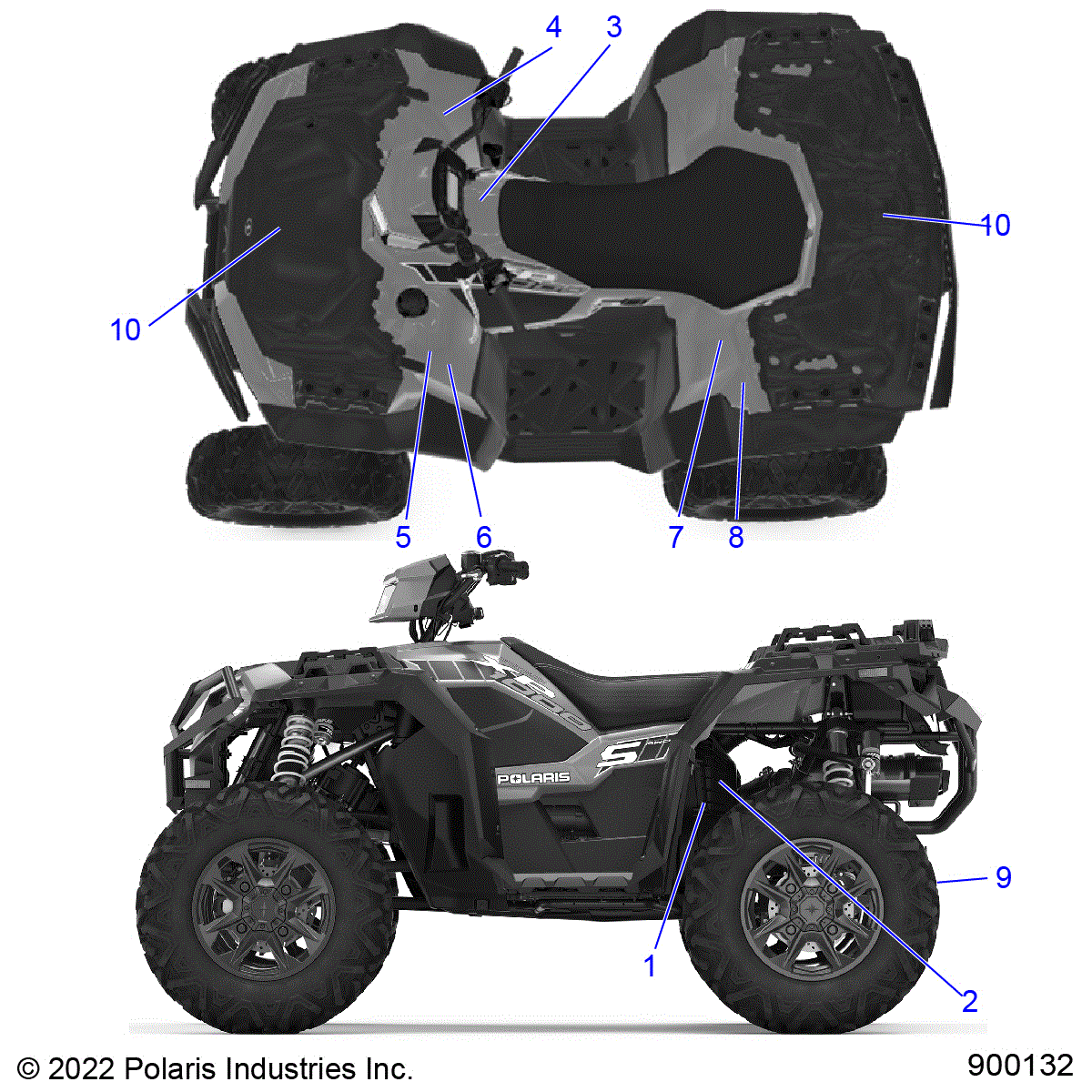 An Image of a Genuine Polaris Parts Schematic Diagram showing the schematic - BODY: DECALS GENERAL - 2023 POLARIS SPORTSMAN XP 1000 55" 49S