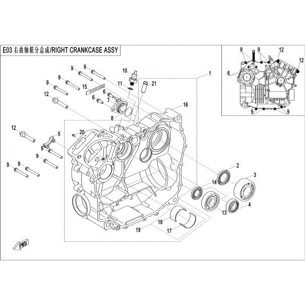 An Image of a genuine CFMOTO Parts Schematic Diagram showing the group - RIGHT CRANKCASE ASSY - 2015 CFMOTO CFORCE 500 HO
