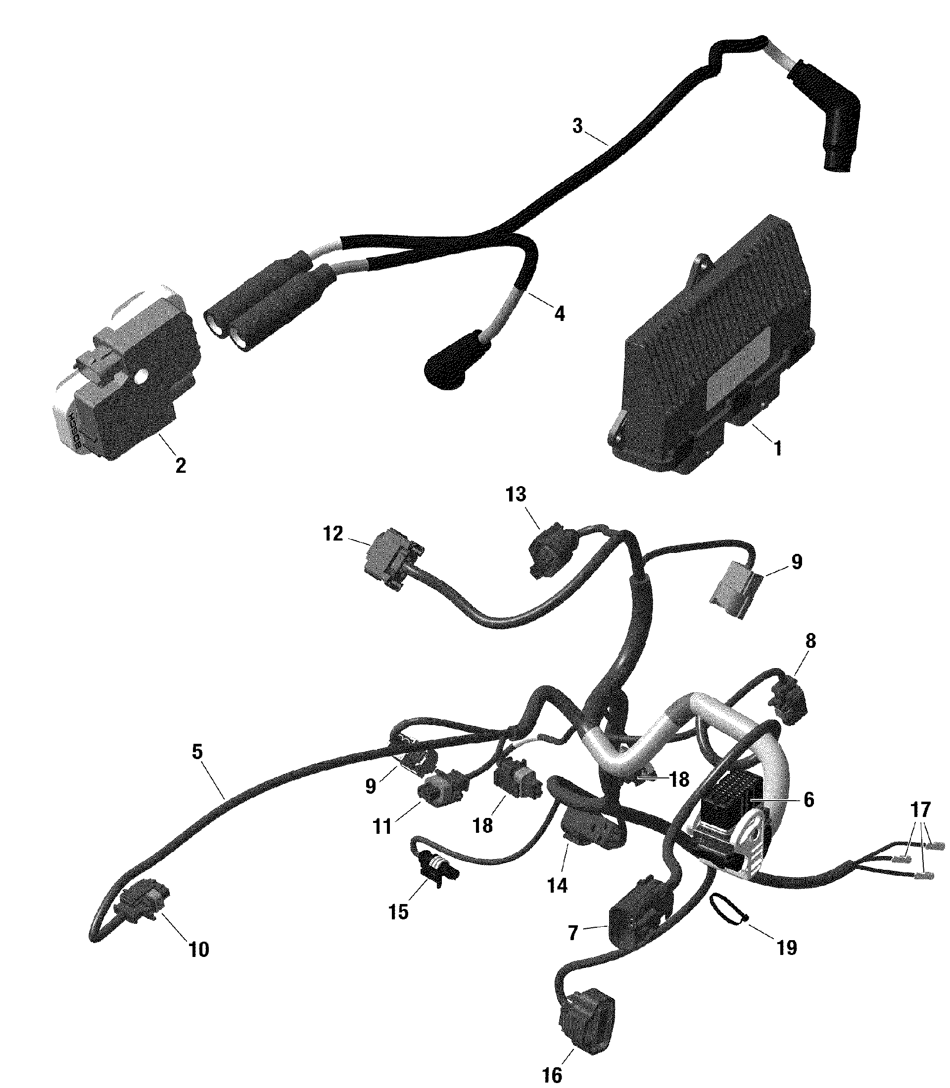 An Image of a Genuine Can-Am Parts Schematic Diagram showing the schematic - ROTAX - ENGINE HARNESS AND ELECTRONIC MODULE - 322