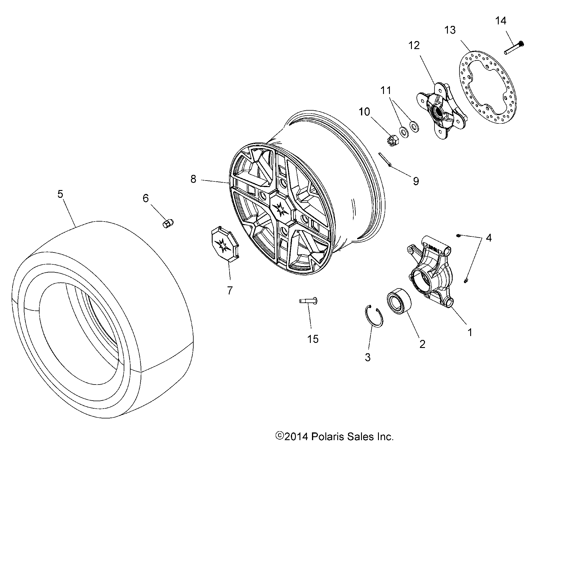 An Image of a Genuine Polaris Parts Schematic Diagram showing the schematic - WHEELS: REAR and HUB - 2015 POLARIS SPORTSMAN 850 SP