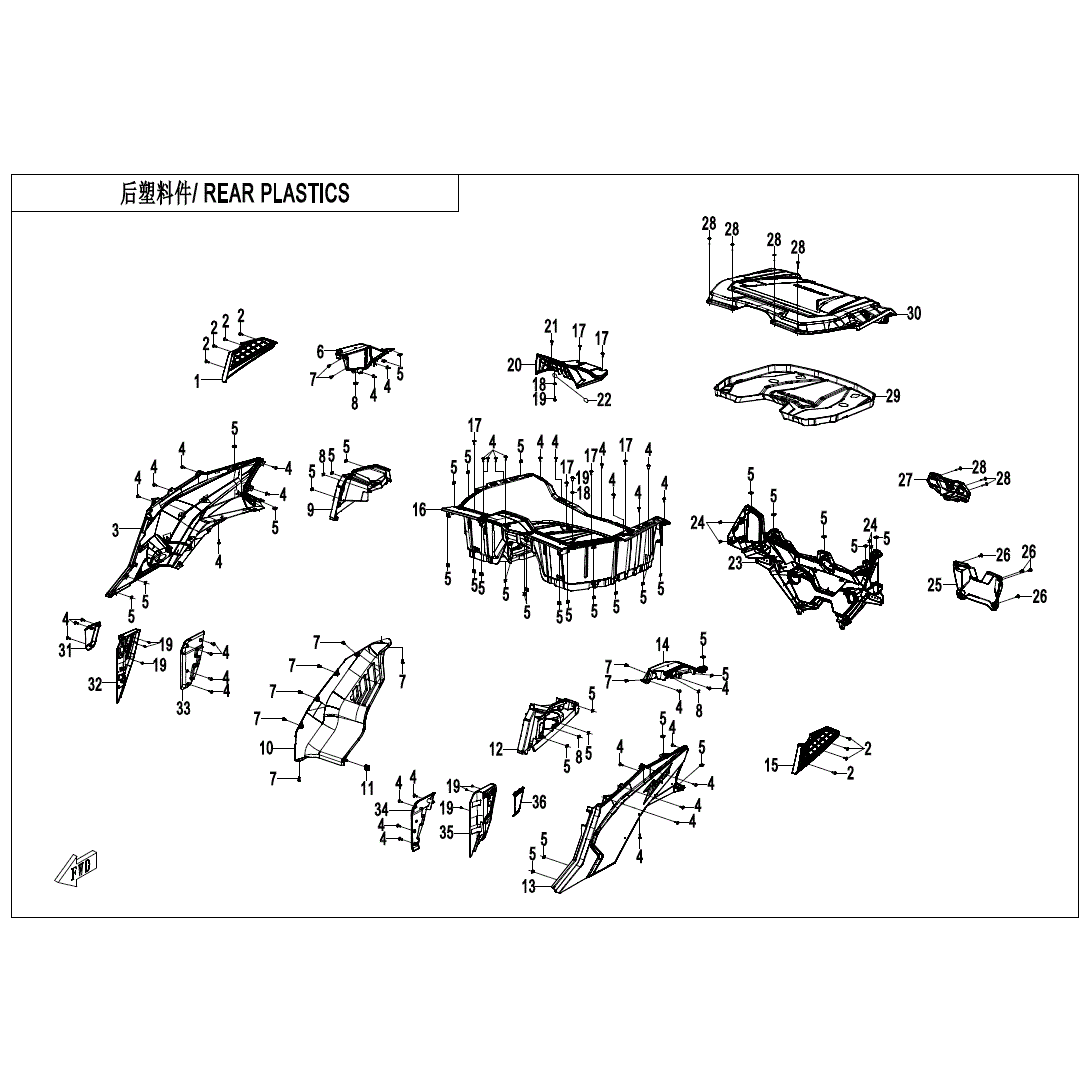 An Image of a Genuine CFMOTO Parts Schematic Diagram showing the schematic - REAR PLASTICS - 2025 CFMOTO ZFORCE 950