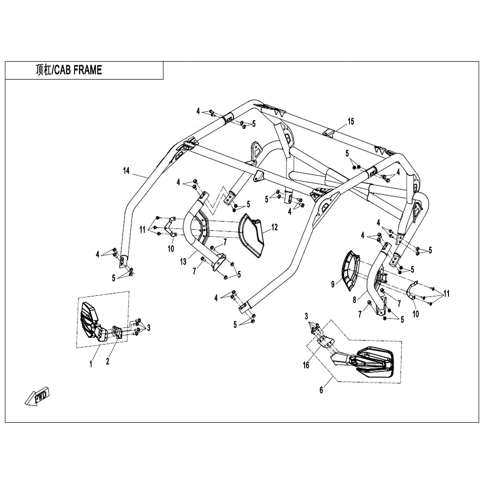 An Image of a Genuine CFMOTO Parts Schematic Diagram showing the schematic - CAB FRAME (FOR 3-POINT SEAT BELT) - 2022 CFMOTO ZFORCE 950 Sport