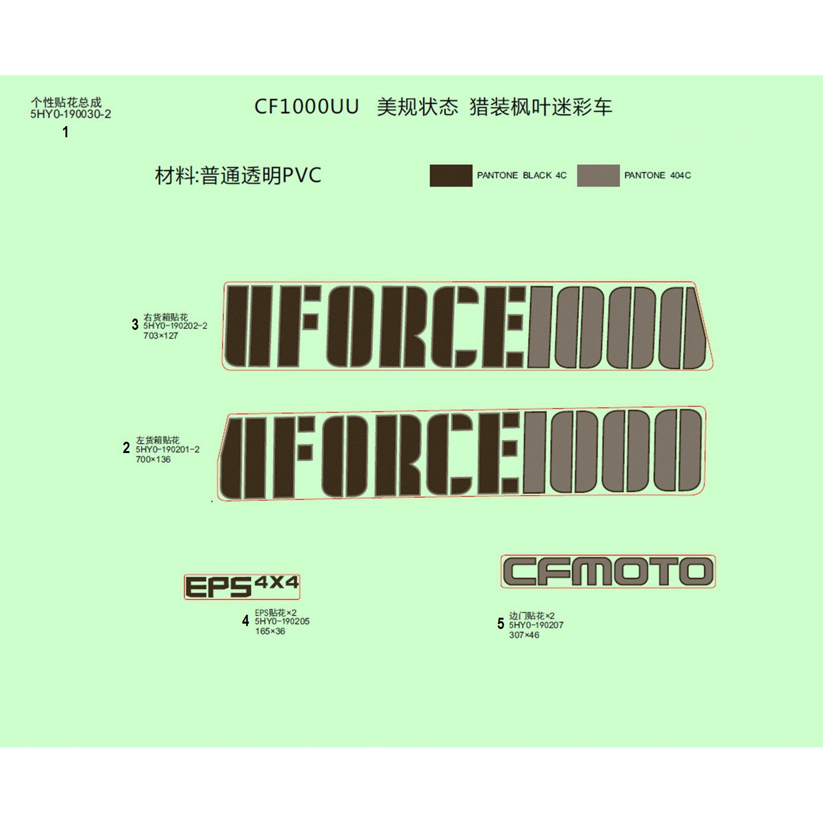 An Image of a Genuine CFMOTO Parts Schematic Diagram showing the schematic - DECAL KIT (CAMO) - 2020 CFMOTO UFORCE 1000