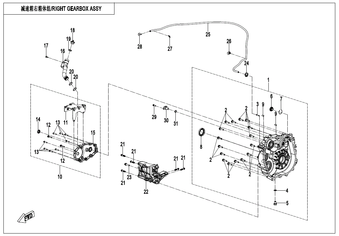 Technical diagram of the Viewer Oil Level by CF Moto, showing numbered parts, rods, bolts, and cables—ideal for identifying OEM components—with English and Japanese labels at the top left.