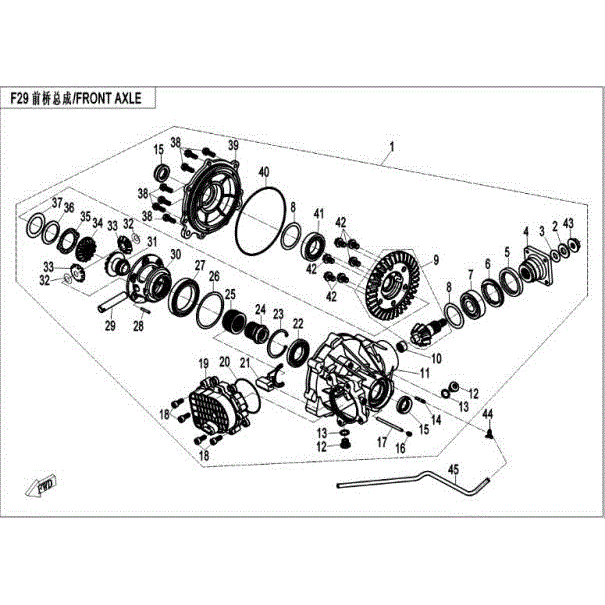 An Image of a Genuine CFMOTO Parts Schematic Diagram showing the schematic - FRONT DIFFERENTIAL - 2016 CFMOTO ZFORCE 800 EX