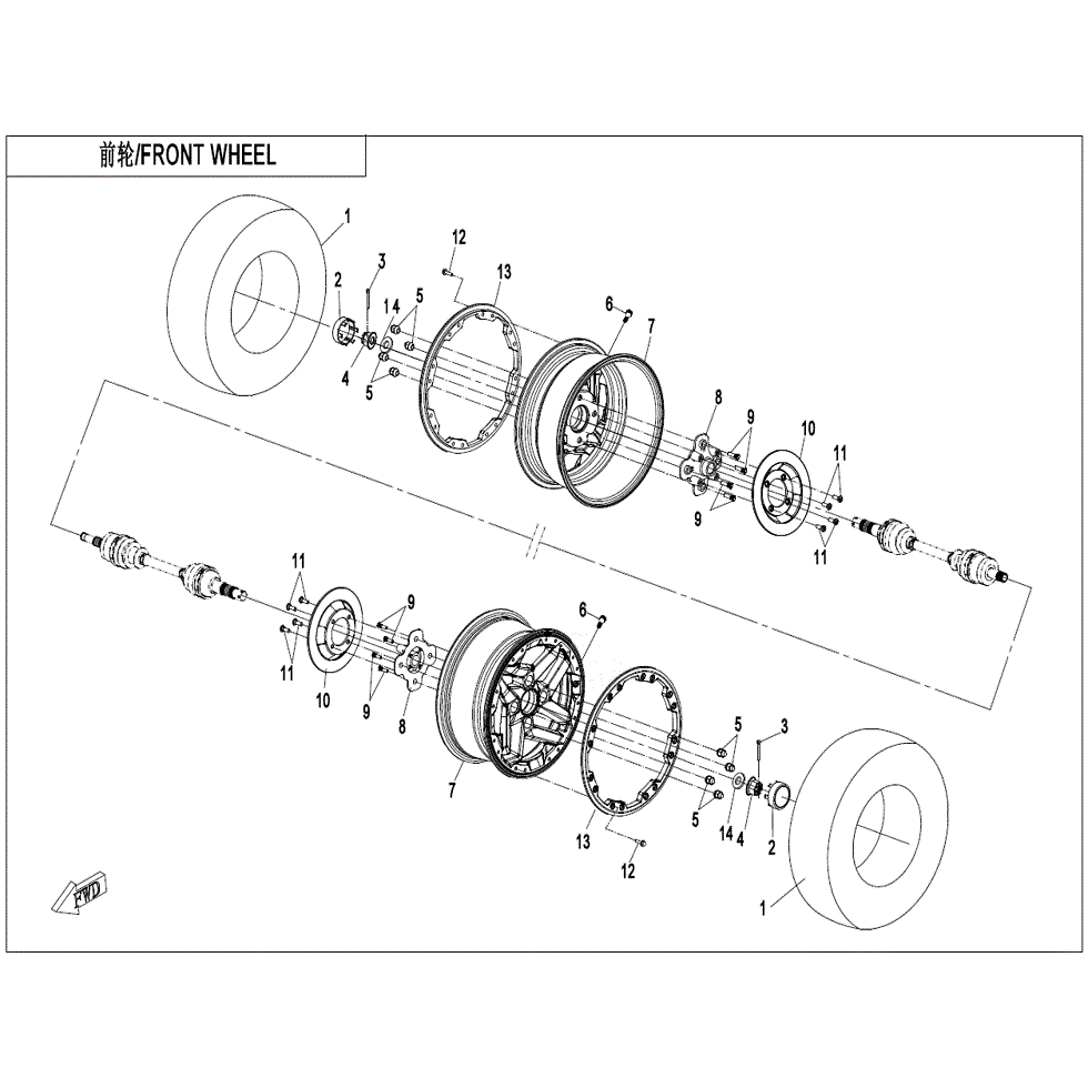An Image of a Genuine CFMOTO Parts Schematic Diagram showing the schematic - FRONT WHEEL - 2022 CFMOTO ZFORCE 950 HO Sport