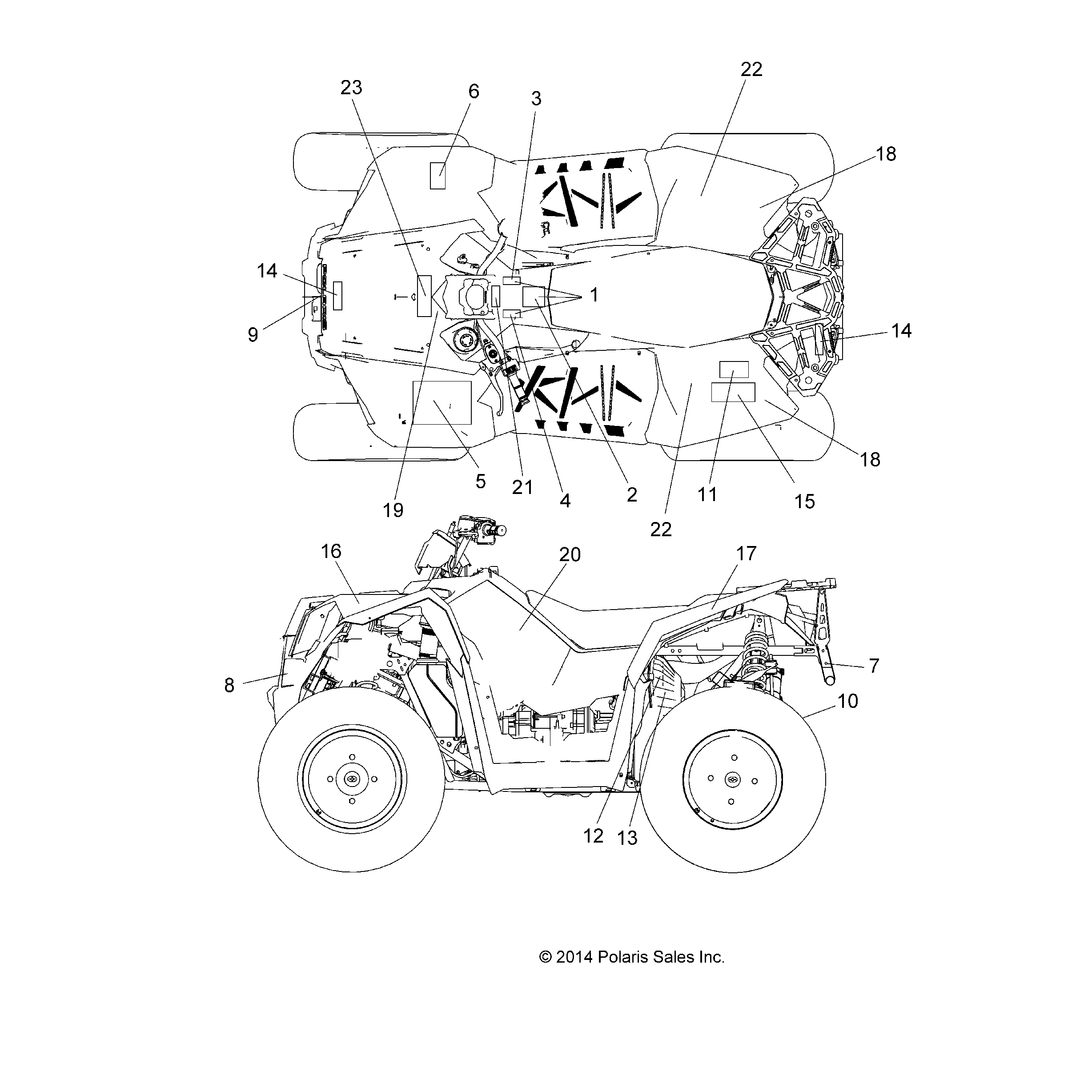 An Image of a Genuine Polaris Parts Schematic Diagram showing the schematic - BODY: DECALS - 2015 POLARIS SCRAMBLER XP 1000