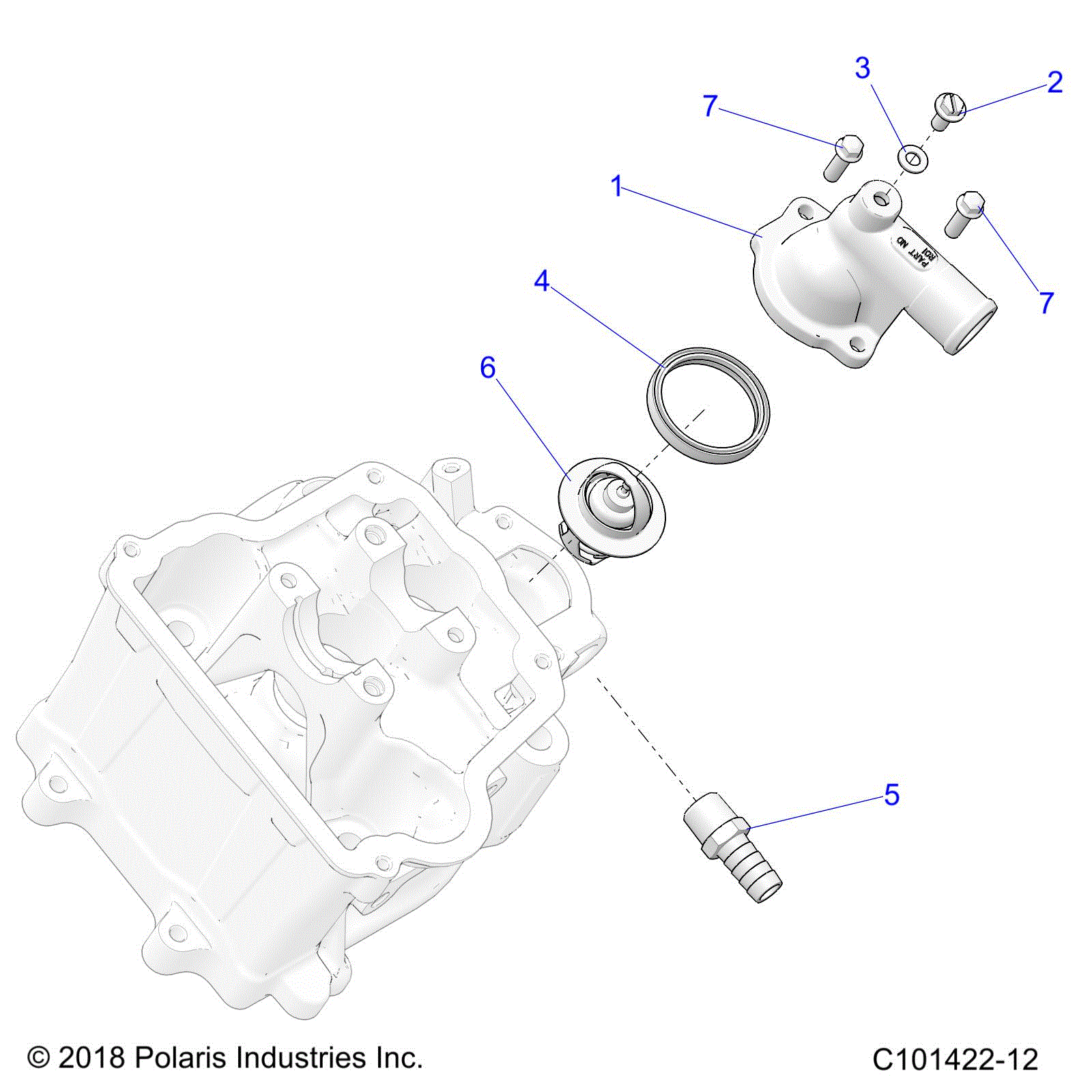 An Image of a Genuine Polaris Parts Schematic Diagram showing the schematic - ENGINE: THERMOSTAT and COVER - 2020 POLARIS SPORTSMAN 450 HO EPS