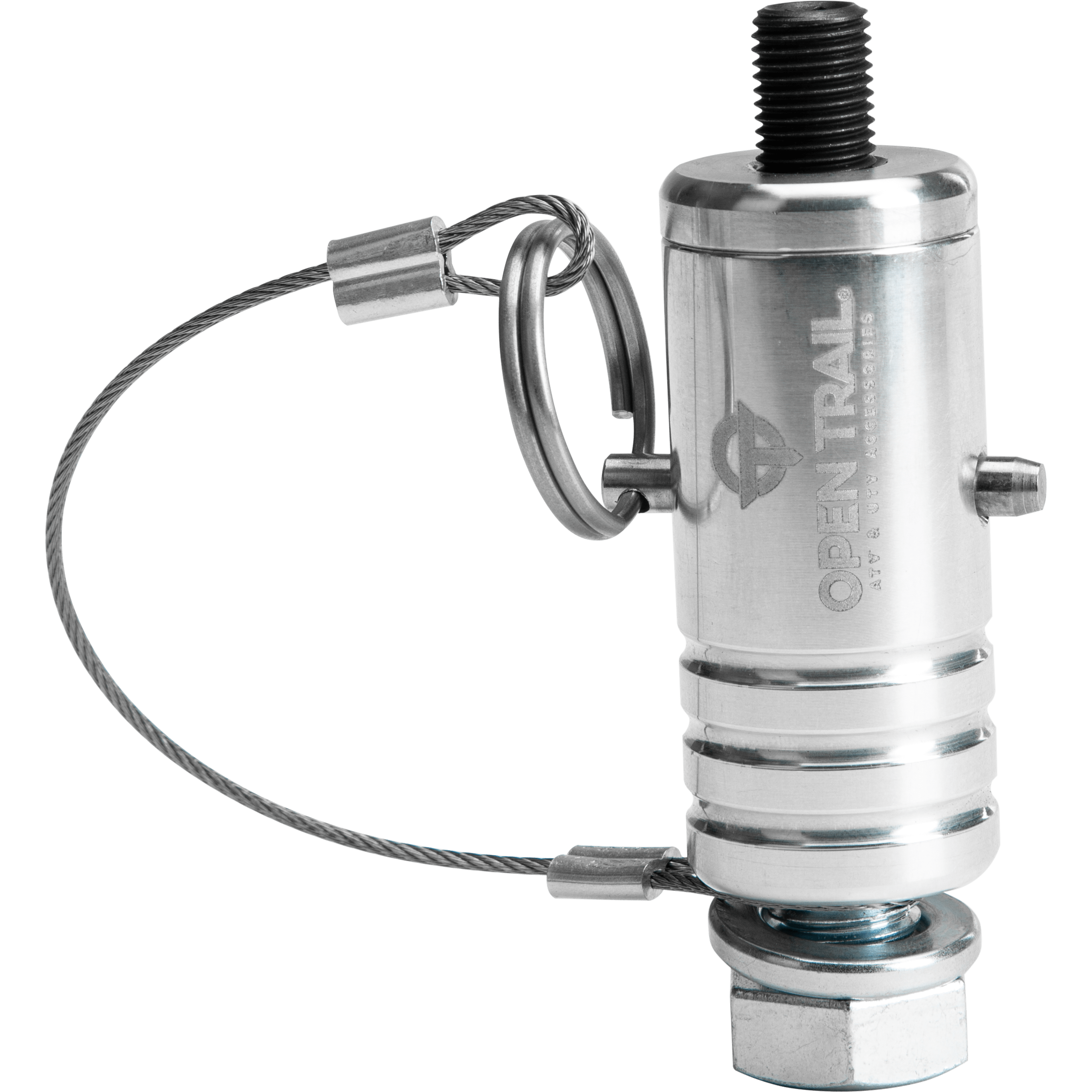 The Quick-Release Whip Mount Polished by Open Trail is a silver 6061 aluminum pin with a safety wire, ring, and engraved logo, made in the USA for easy and secure part removal in mechanical assemblies.