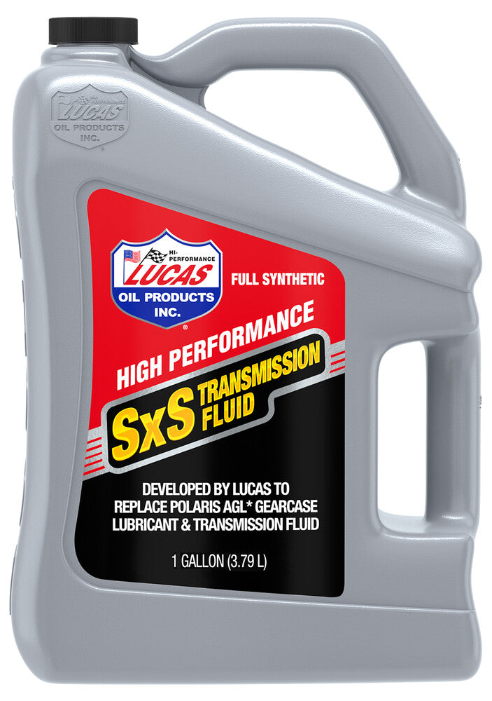 A 1-gallon gray jug of Lucas Oil SxS UTV/ATV Synthetic Transmission Oil features a red, black, and yellow label and is designed for SXS and ATV vehicles to replace Polaris AGL gearcase lubricant with high-performance protection.