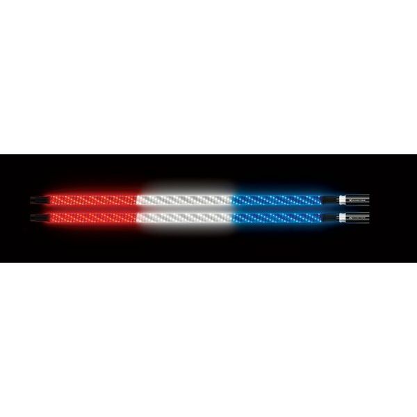 The image shows the Two 4' Whips With Controller by EcoXGear on a black background, each LED whip light displaying red on the left, white in the center, and blue on the right, resembling the French or American flag.