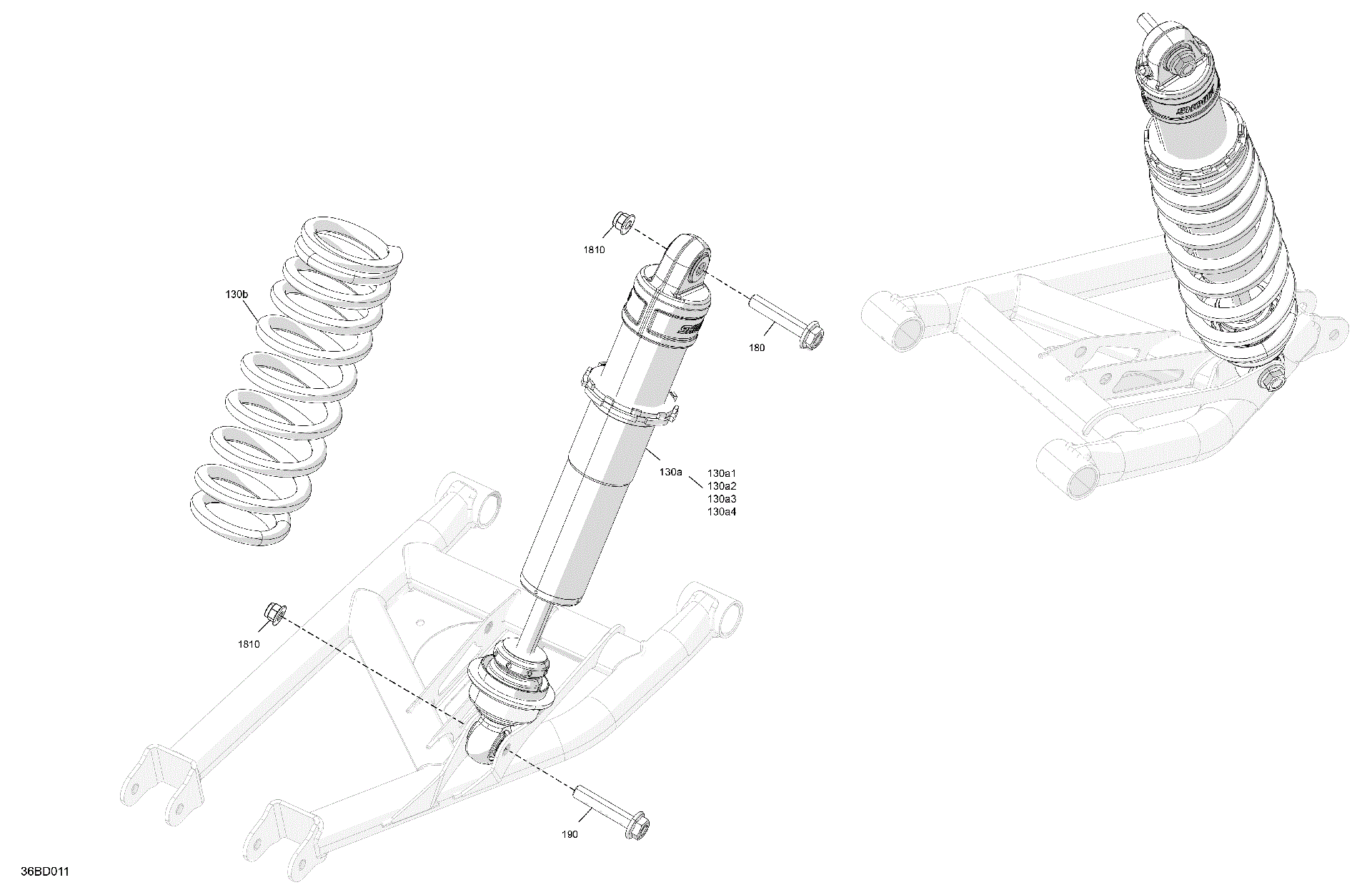 An Image of a Genuine Can-Am Parts Schematic Diagram showing the schematic - SUSPENSION - REAR SHOCKS