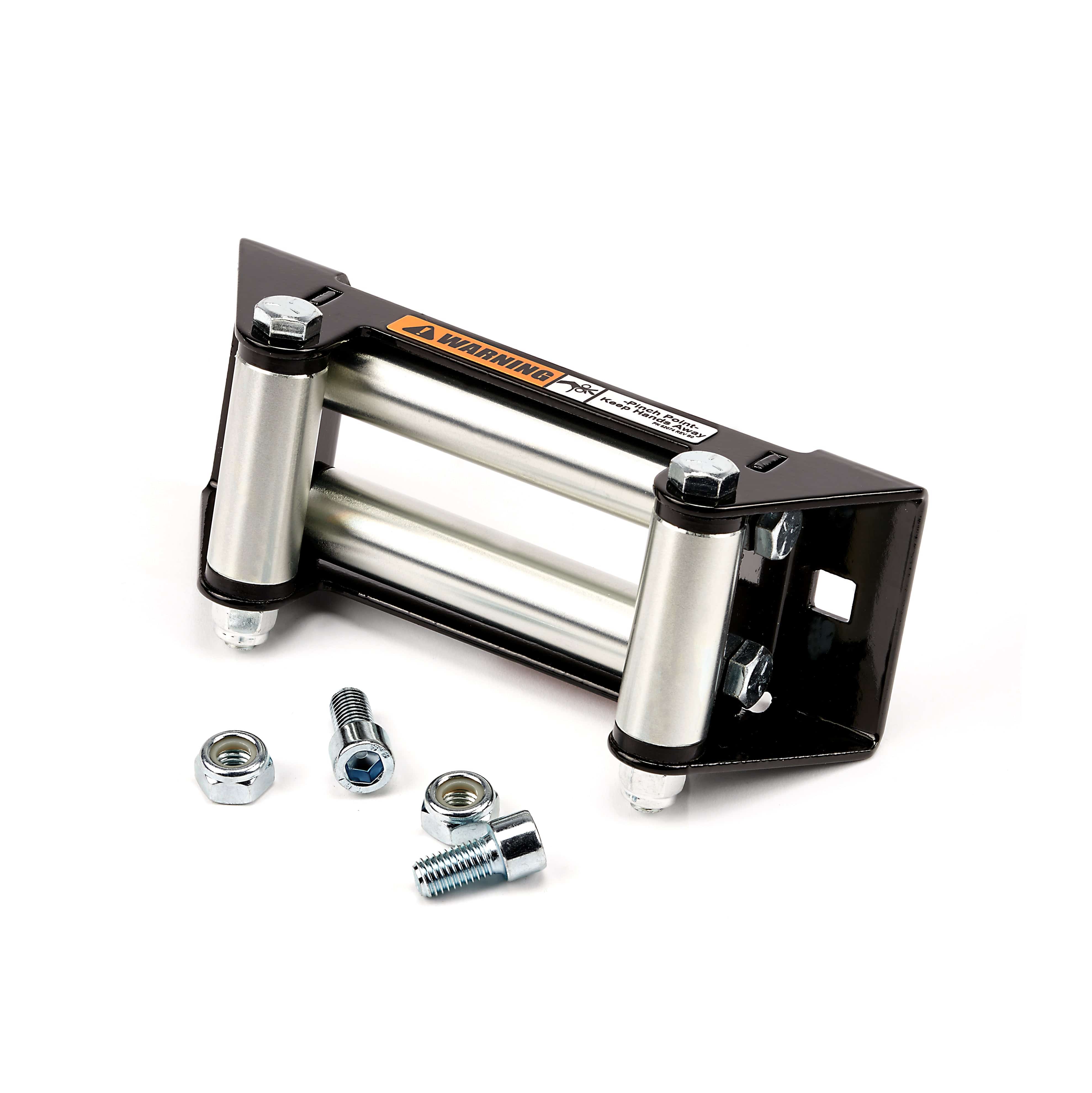 The Axon 45 & 55, VRX 45, Vantage 4000 Winch Replacement Roller Fairlead by Warn features a black frame with two horizontal and two vertical rollers, plus three bolts and two hex nuts displayed in front on a white background.