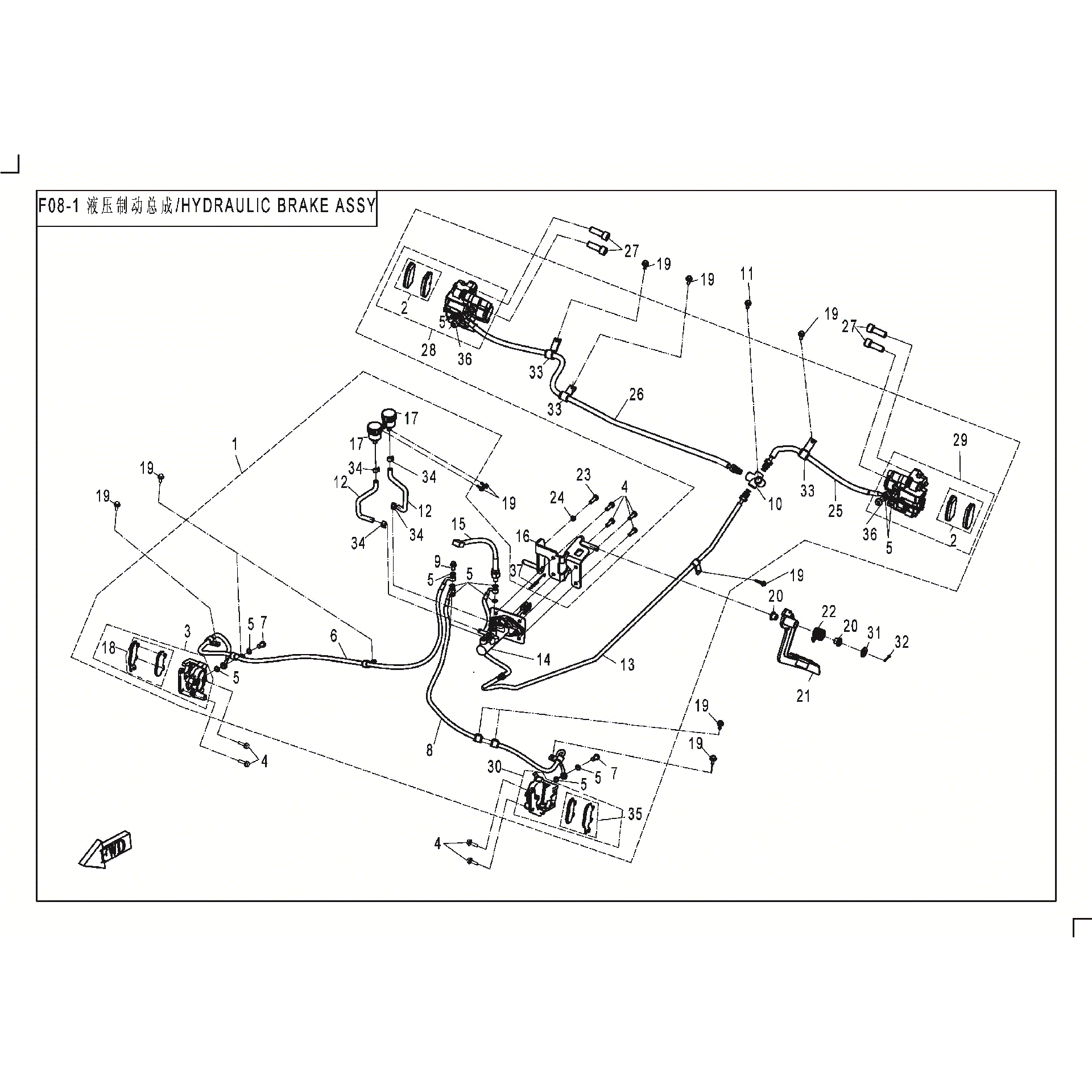 An Image of a Genuine CFMOTO Parts Schematic Diagram showing the schematic - HYDRAULIC BRAKE ASSY - 2017 CFMOTO ZFORCE 500