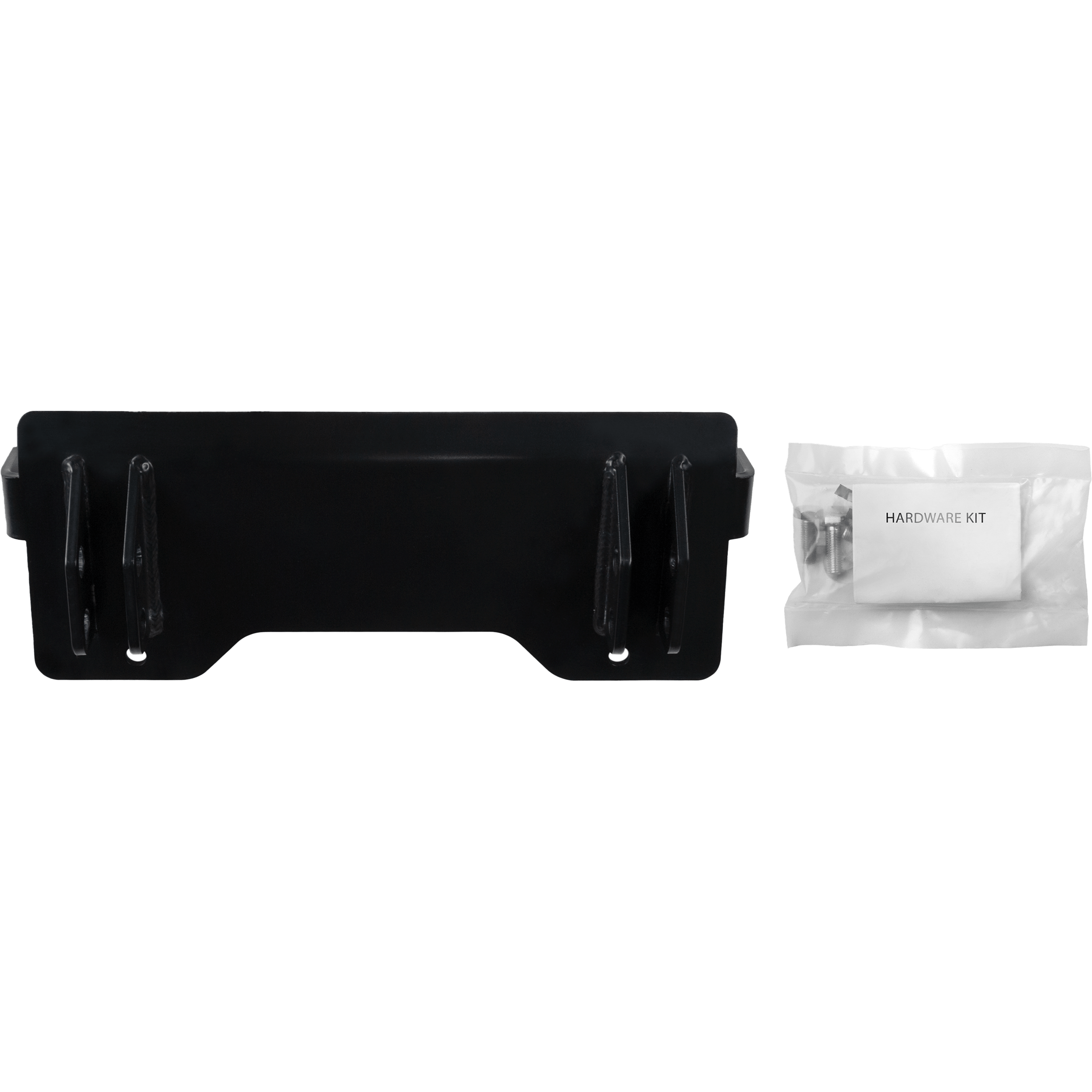 The UTV Plow Mount by Open Trail is shown in black plastic with mounting hooks, next to a clear bag labeled HARDWARE KIT containing screws and installation hardware.
