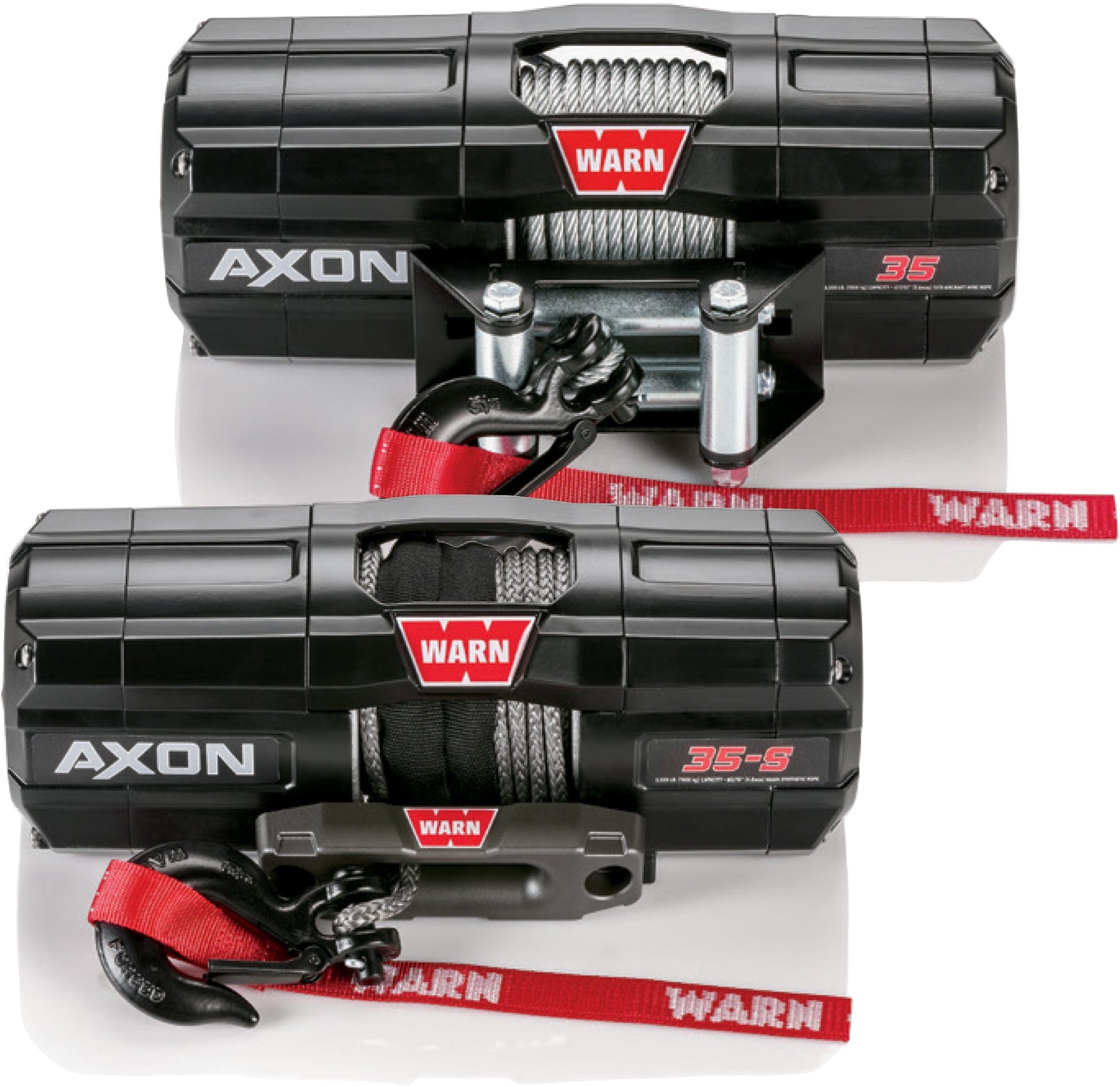 Two black WARN 3500 lb. UTV/ATV Axon 35 winches with silver wire ropes, red hooks, and red WARN straps feature advanced digital contactor tech—ideal for any powersports winch application.