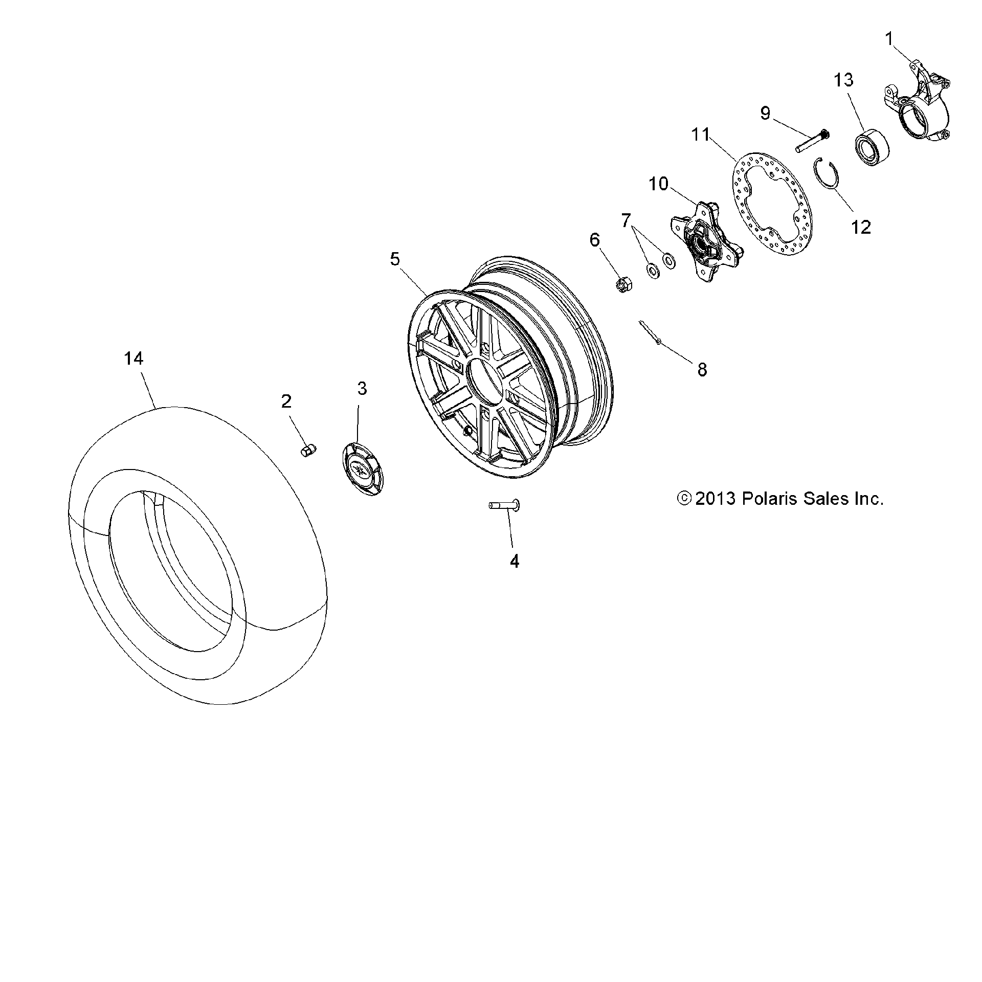 An Image of a Genuine Polaris Parts Schematic Diagram showing the schematic - WHEELS: FRONT and HUB - 2016 POLARIS SCRAMBLER XP 1000