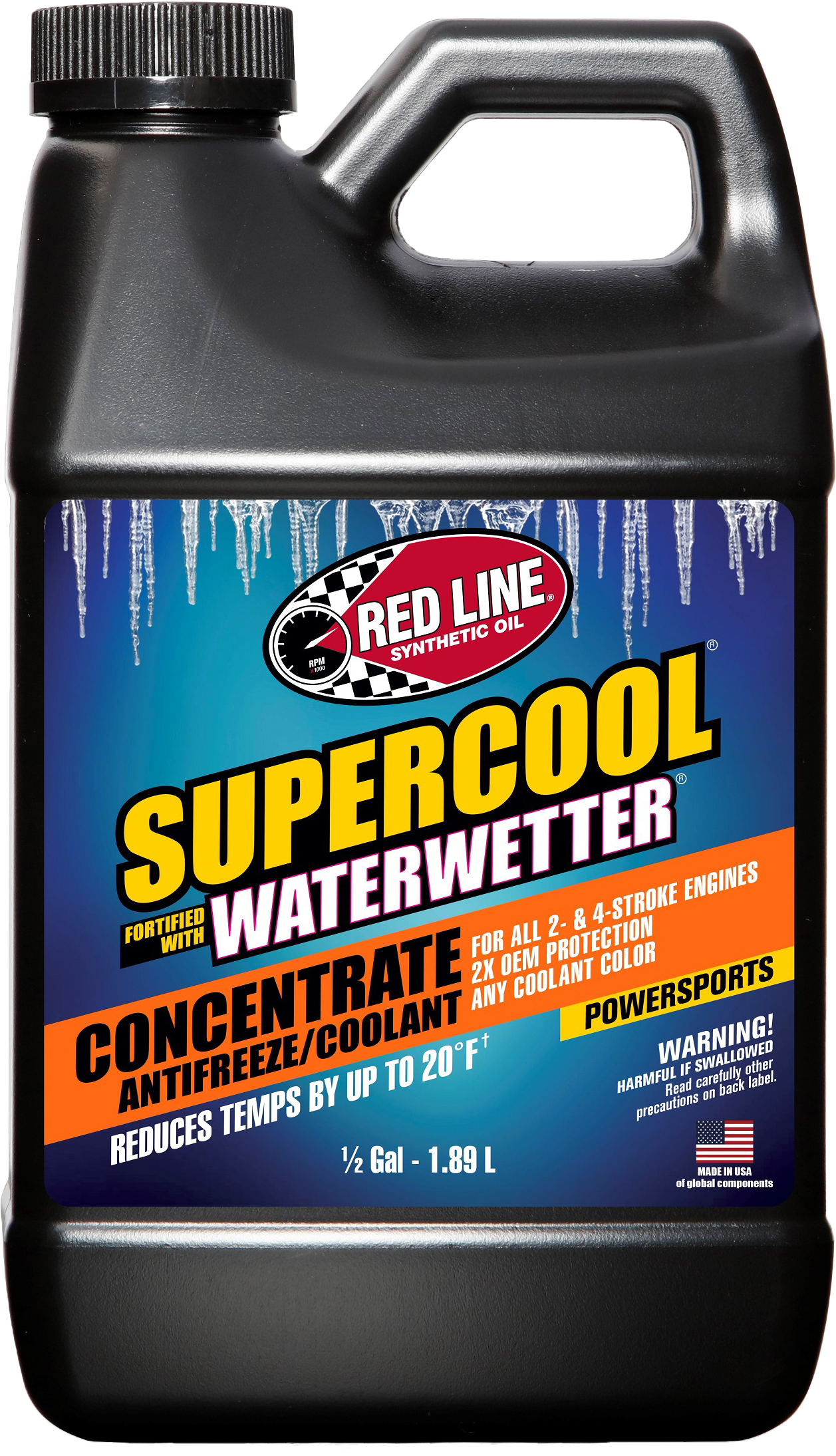 A black plastic 64 oz container of Red Line Supercool Concentrate Powersports Antifreeze, featuring a blue and yellow label with temperature and warning details.