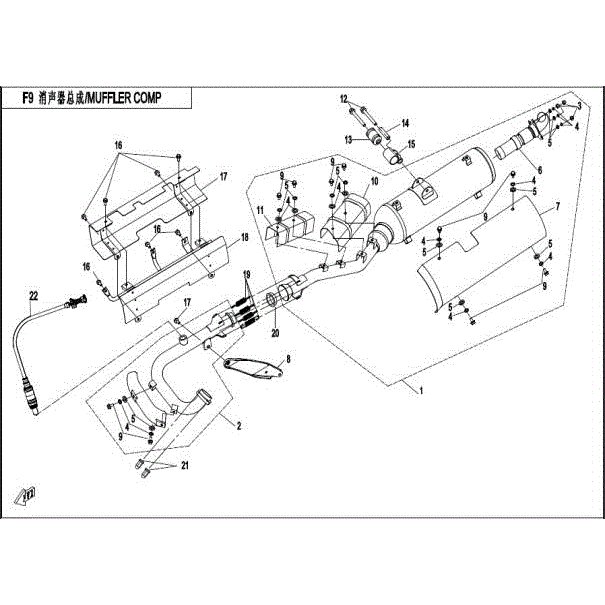 An Image of a genuine CFMOTO Parts Schematic Diagram showing the group - MUFFLER COMP - 2015 CFMOTO CFORCE 500 SWB