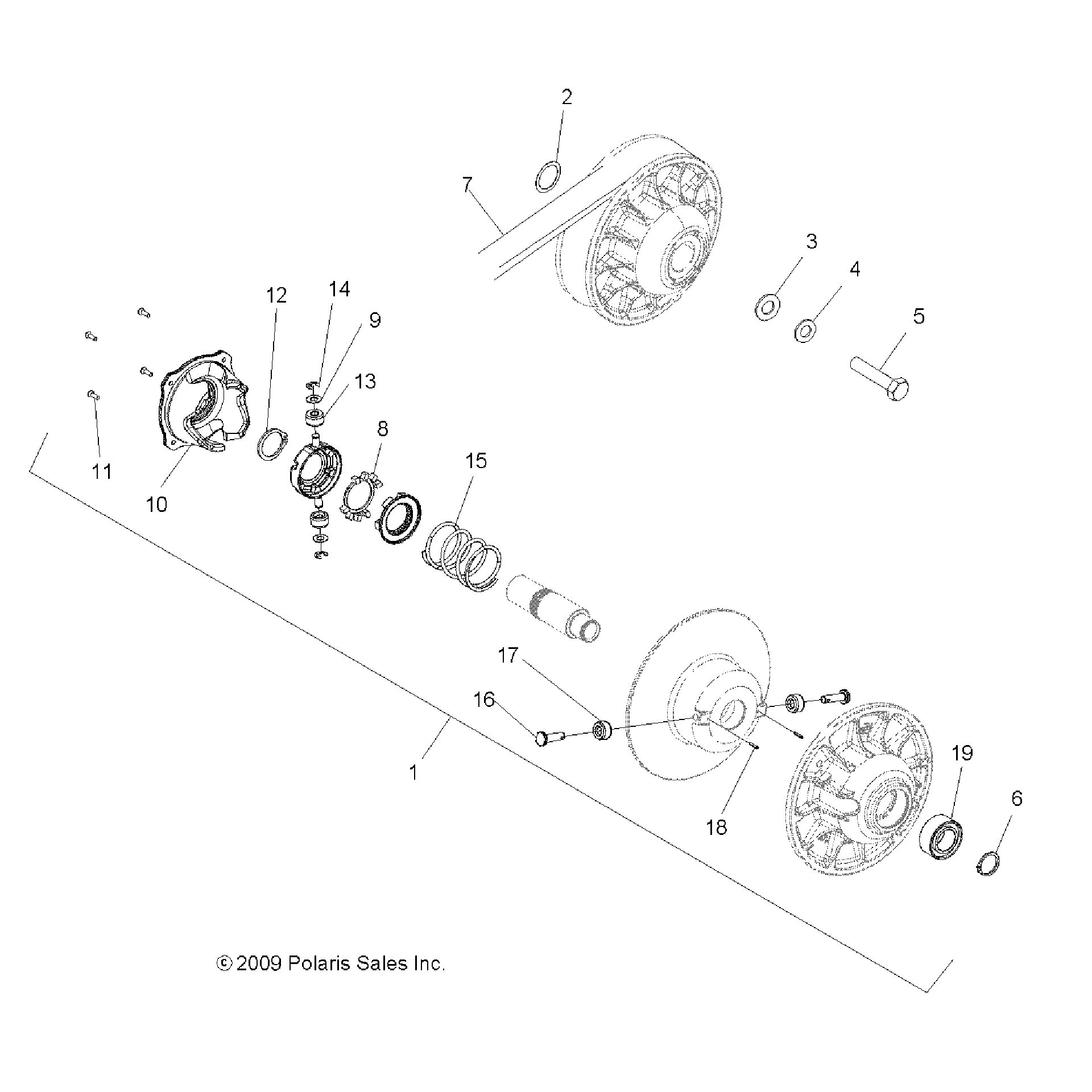 An Image of a Genuine Polaris Parts Schematic Diagram showing the schematic - DRIVE TRAIN: SECONDARY CLUTCH - 2015 POLARIS SPORTSMAN TOURING 570 EFI/EPS