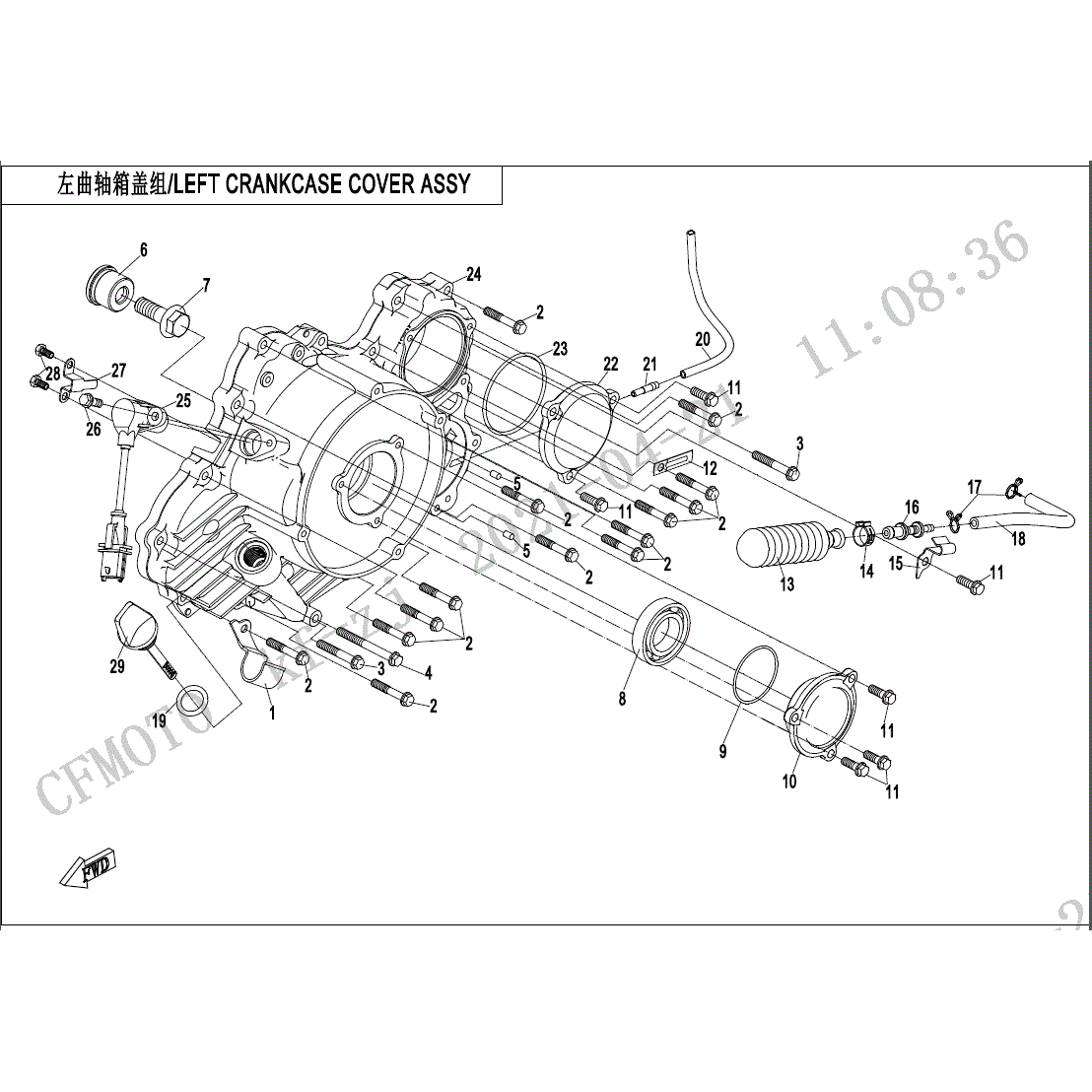 An Image of a genuine CFMOTO Parts Schematic Diagram showing the group - LEFT CRANKCASE COVER ASSY. - 2023 CFMOTO CFORCE 1000