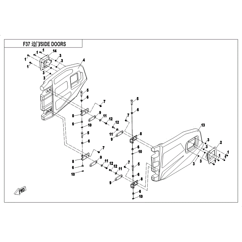 An Image of a Genuine CFMOTO Parts Schematic Diagram showing the schematic - SIDE DOORS - 2018 CFMOTO UFORCE 500