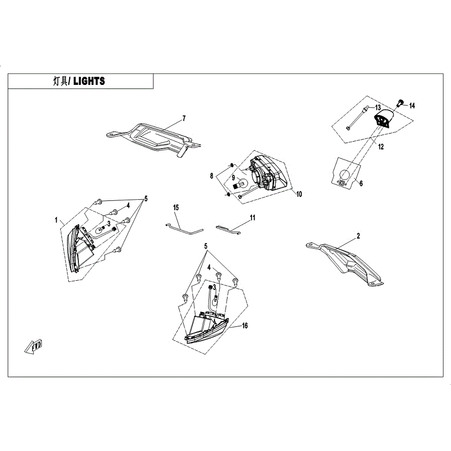 An Image of a genuine CFMOTO Parts Schematic Diagram showing the group - LIGHTS (USA - 2019 CFMOTO CFORCE 400