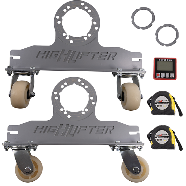 The High Lifter Steering Toe Alignment Kit Hl-Tool-Ak-1 includes two metal brackets with caster wheels, two measuring tapes, a digital level box, and two circular rings—ideal for precise ATV alignment—displayed on a white background.