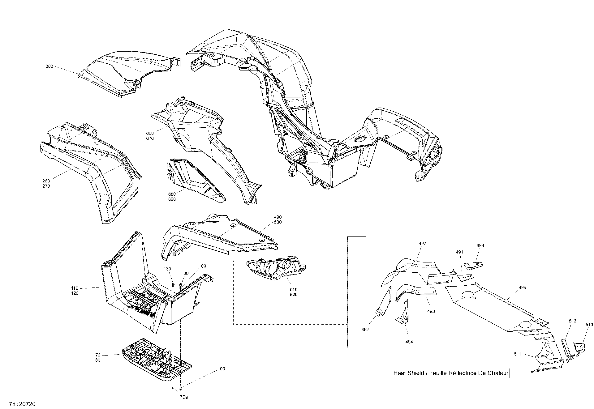 An Image of a Genuine Can-Am Parts Schematic Diagram showing the schematic - BODY - FENDERS AND LATERAL PANELS - STD - VIPER RED
